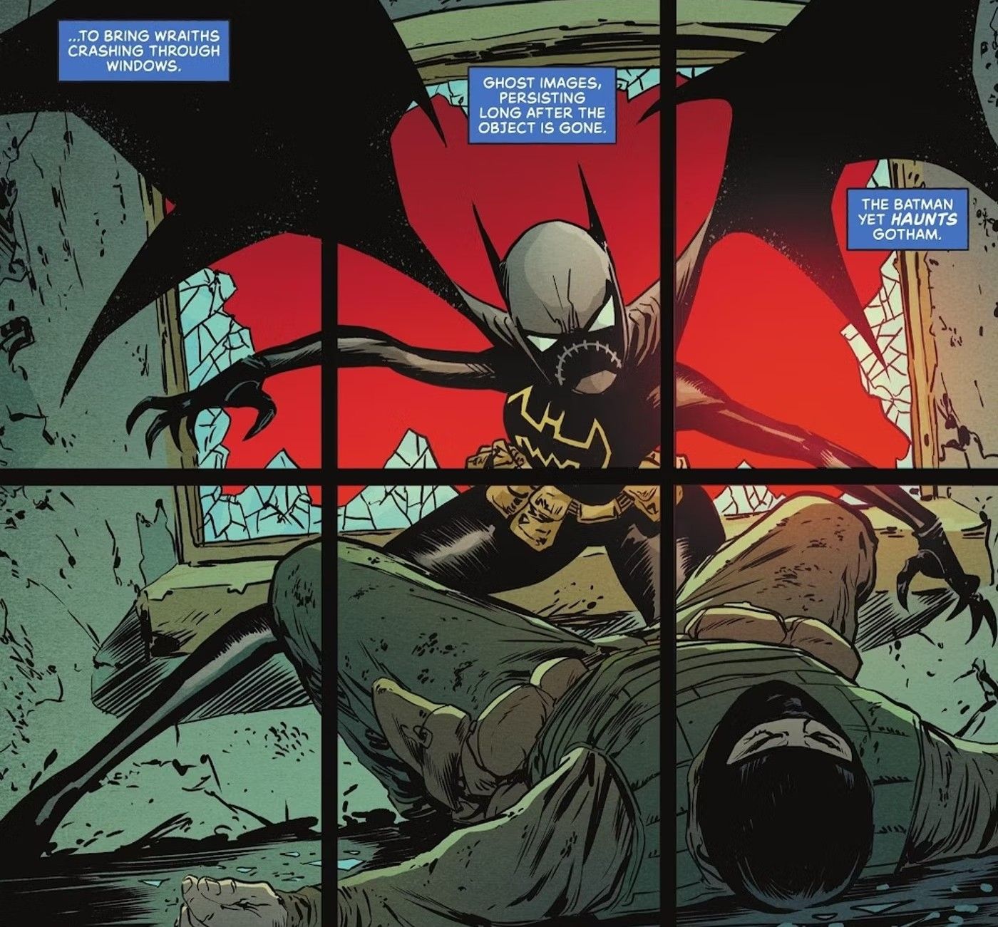 Painéis de quadrinhos: Batgirl Cass Cain bate em uma janela.