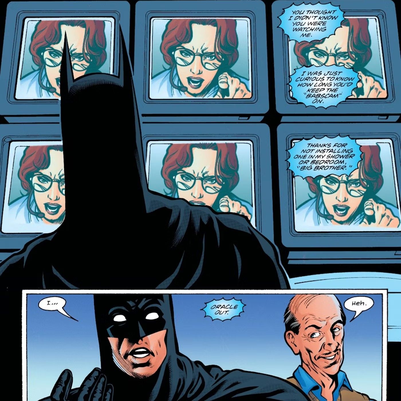 Comic book panels: Oracle scolds Batman from six screens while Alfred laughs.