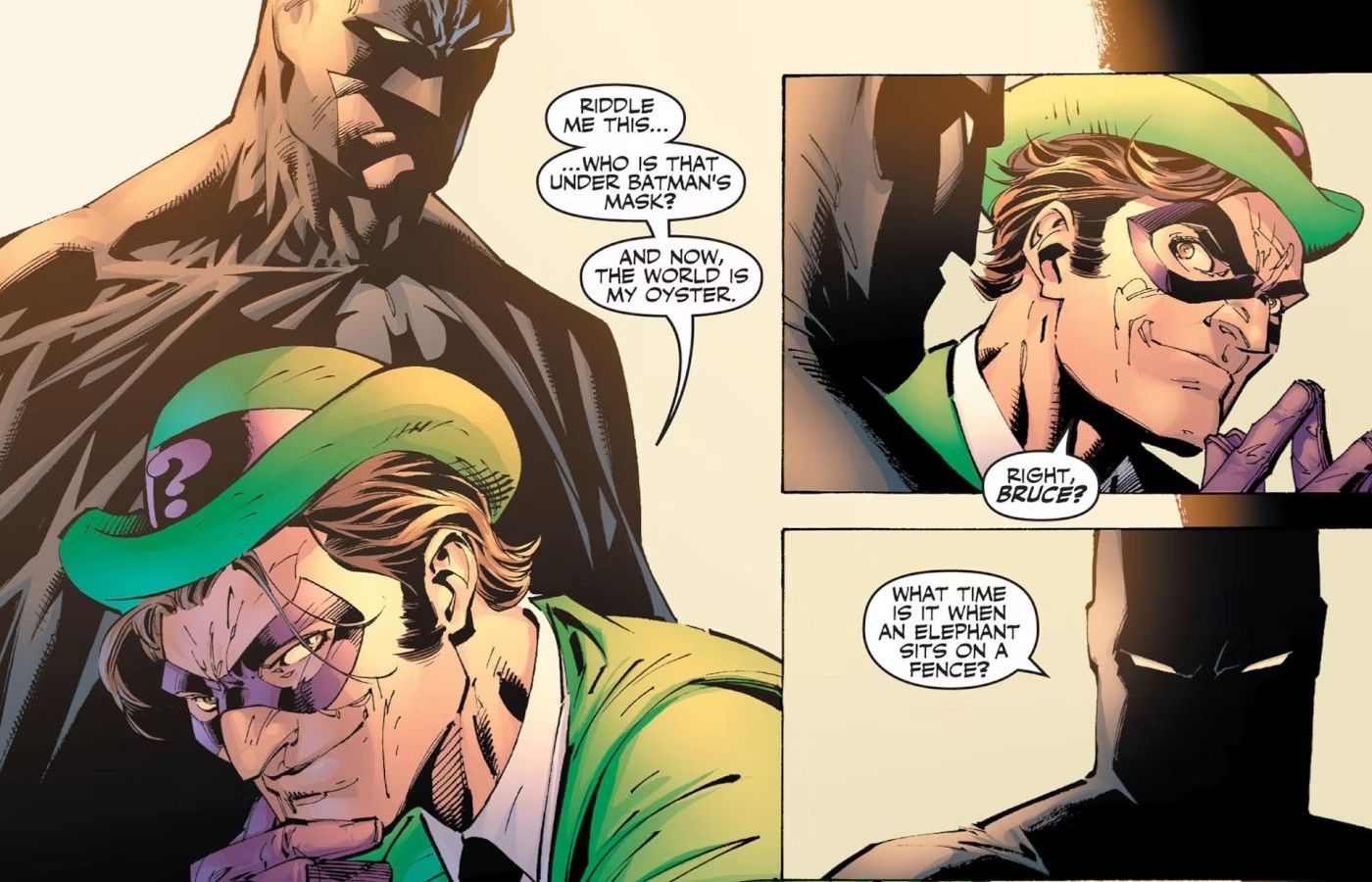 Painéis de quadrinhos: o Charada admite ao Batman que sabe que é Bruce Wayne.