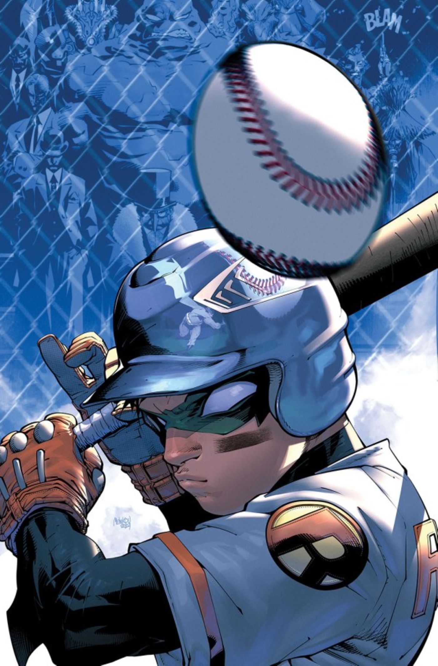 Capa variante de Batman e Robin #10 com Damian em uniforme de beisebol