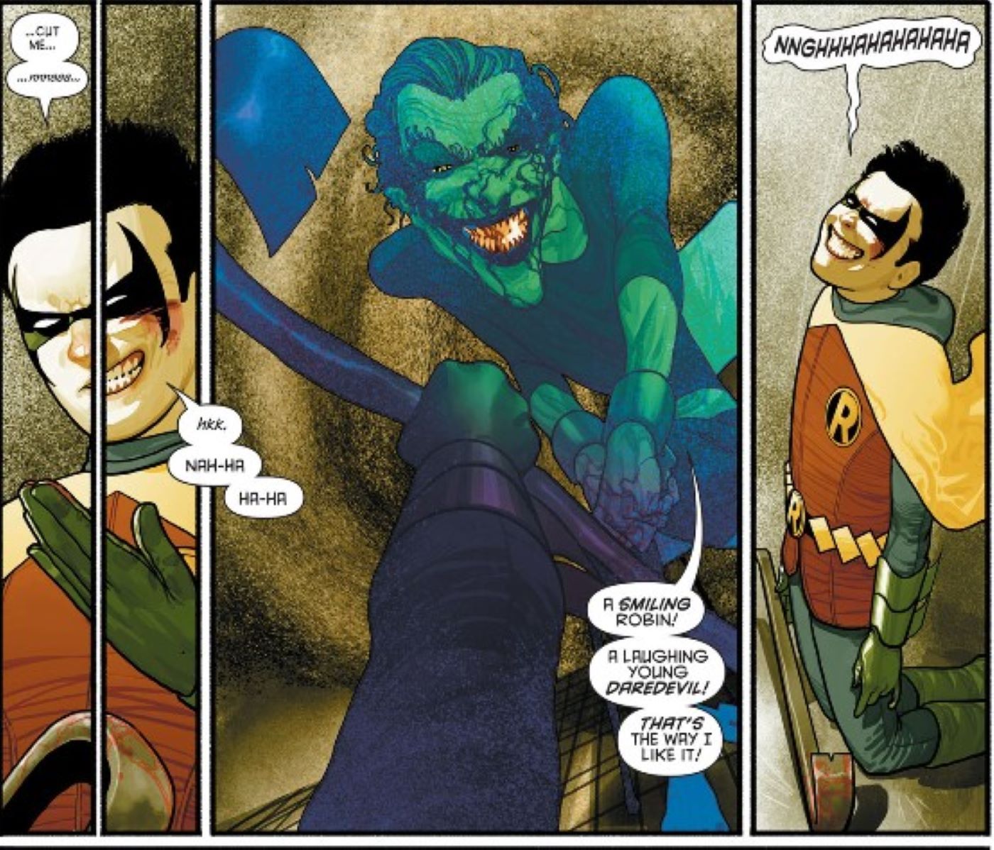 Batman e Robin # 14 Robin Damian Wayne tem um ataque de veneno do Coringa 