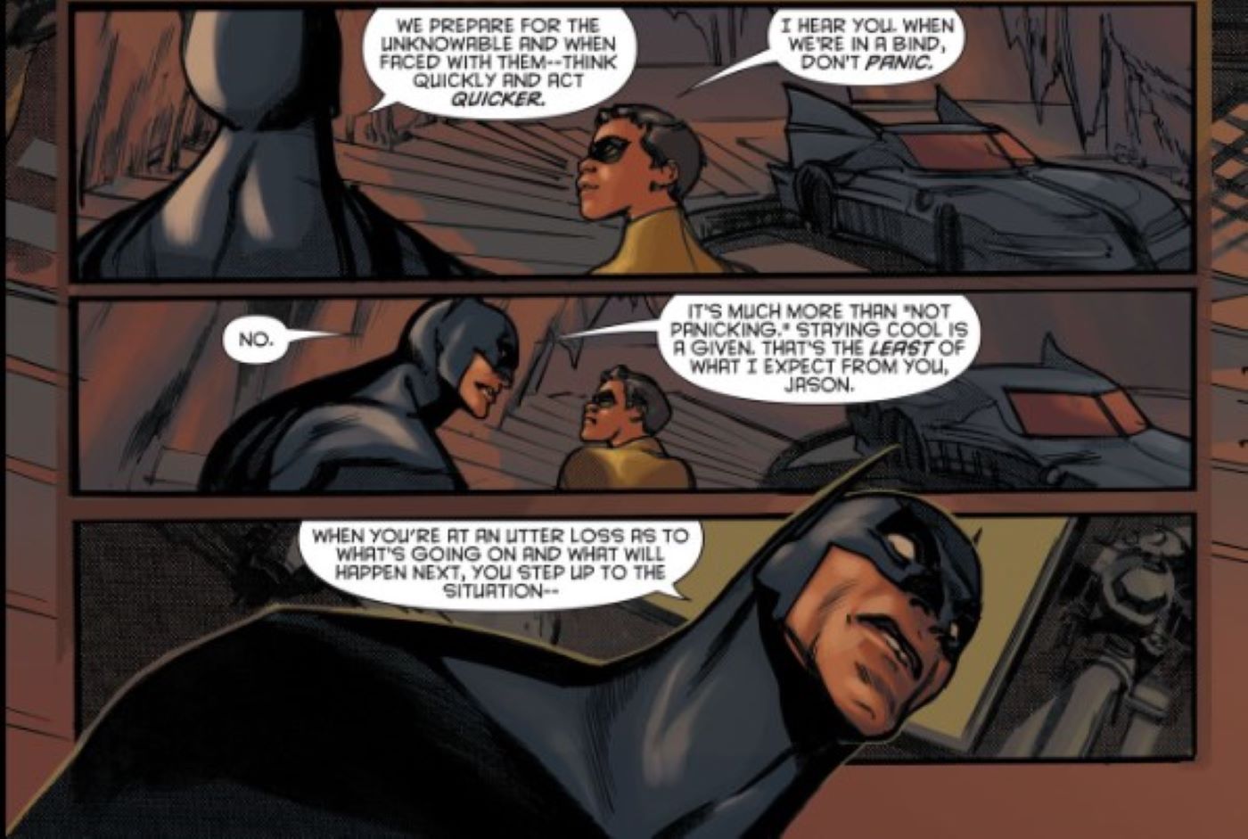 Batman and Robin #24 Bruce and Jason talk about adapting 