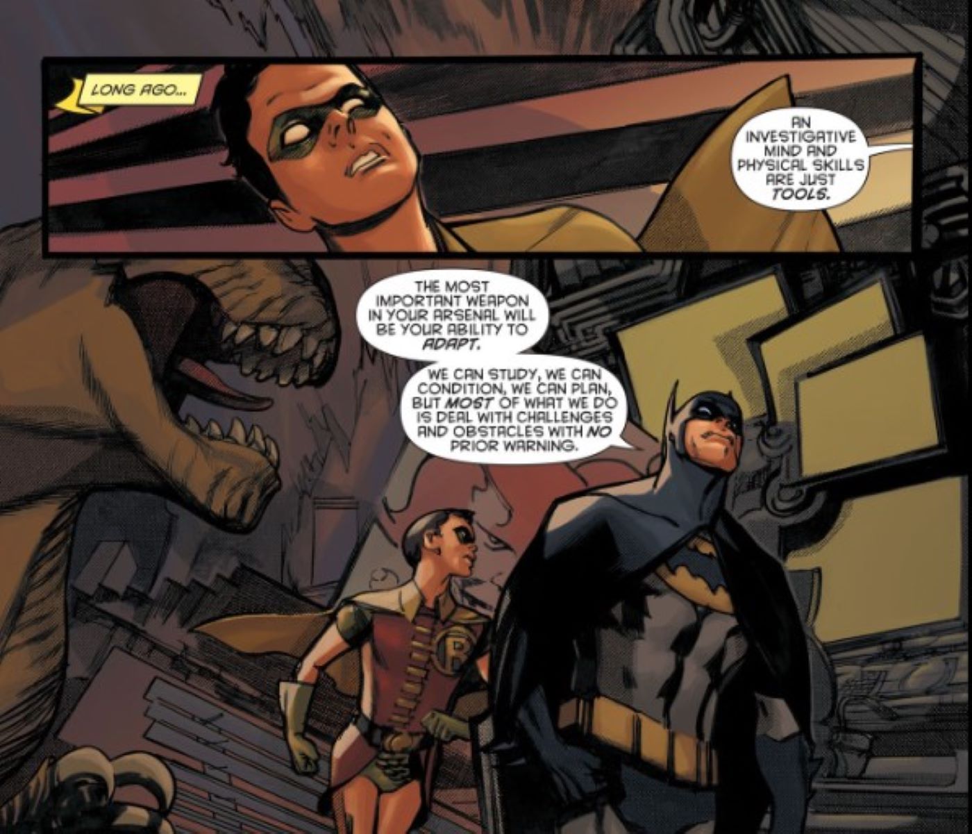 Batman e Robin #24 Bruce e Jason falando sobre a capacidade de adaptação