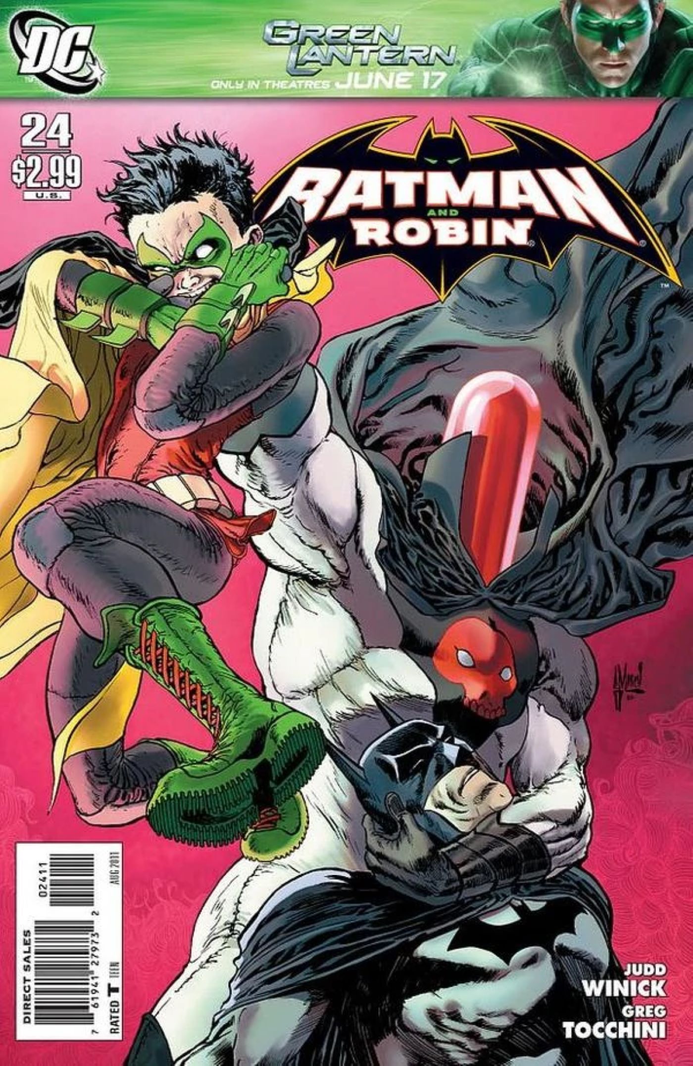 Capa de Batman e Robin #24 com Capuz Vermelho sufocando Damian Wayne