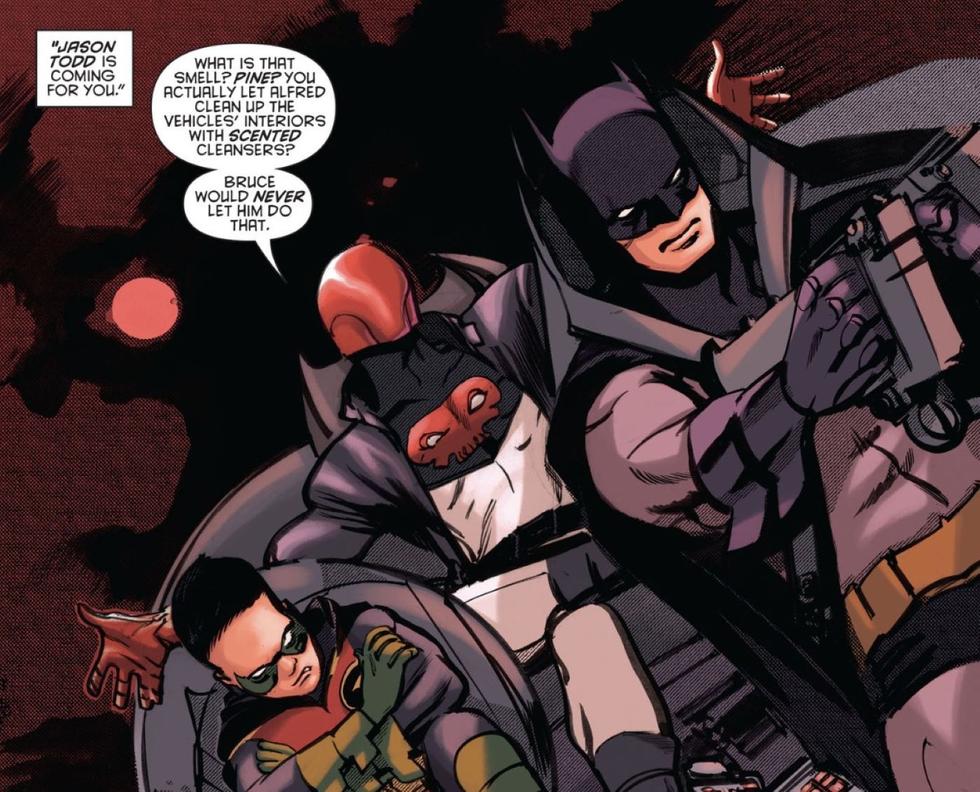 Batman e Robin #25 com Dick Grayson, Damian Wayne e Red Hood Jason Todd em um BAtmobile voador 