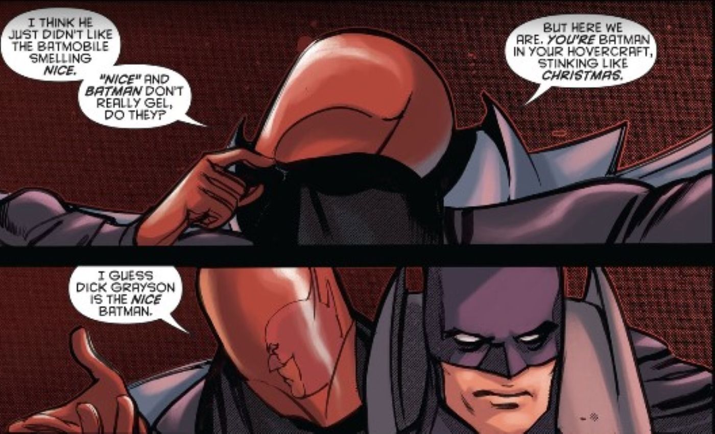 Batman e Robin #25 com o Capuz Vermelho Jason Todd antagonizando Dick Grayson e Damian Wayne 