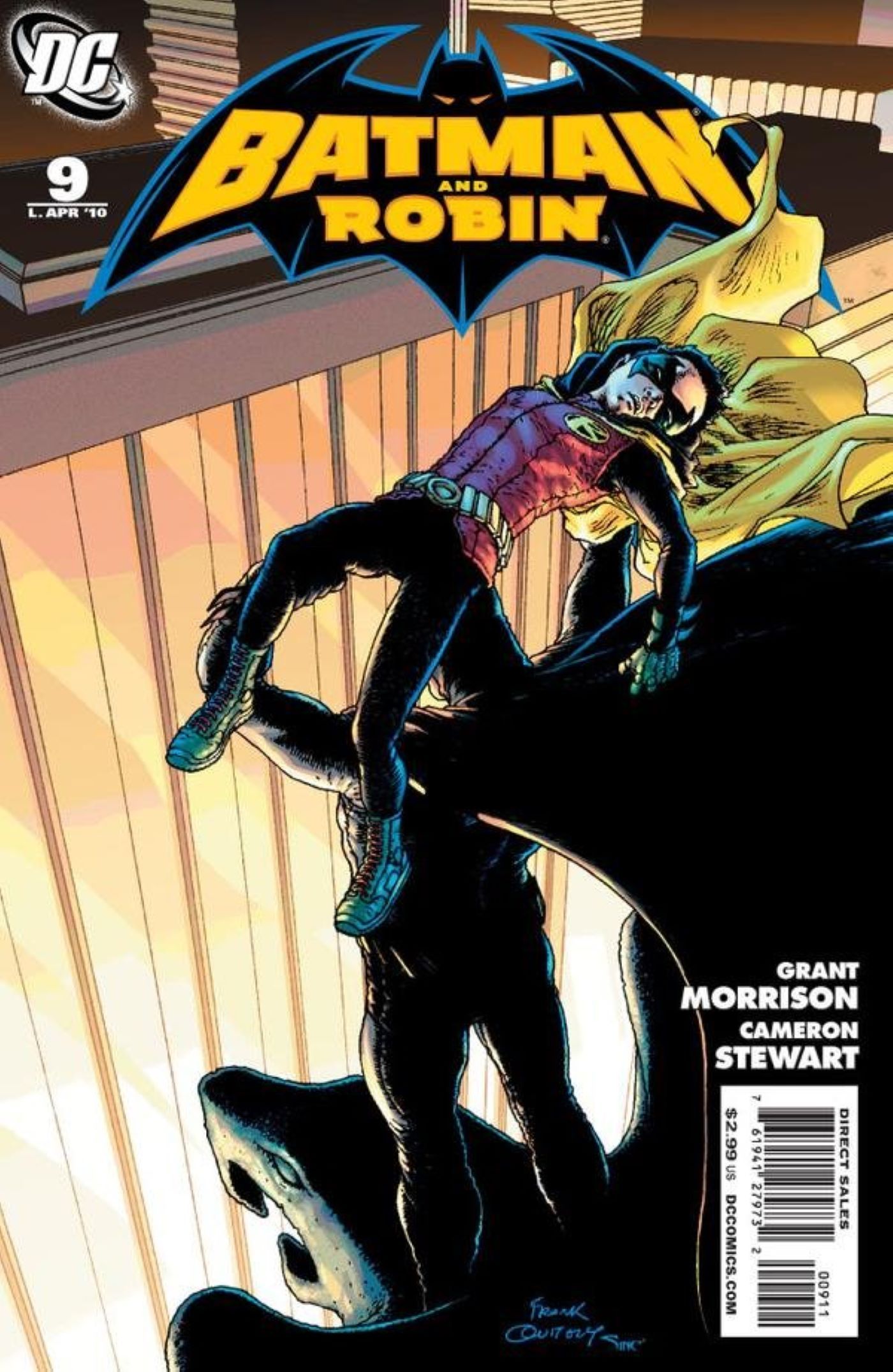 Batman and Robin #9 cover of Batman throwing Damian Wayne off a roof (Morrison and Quitely)-2