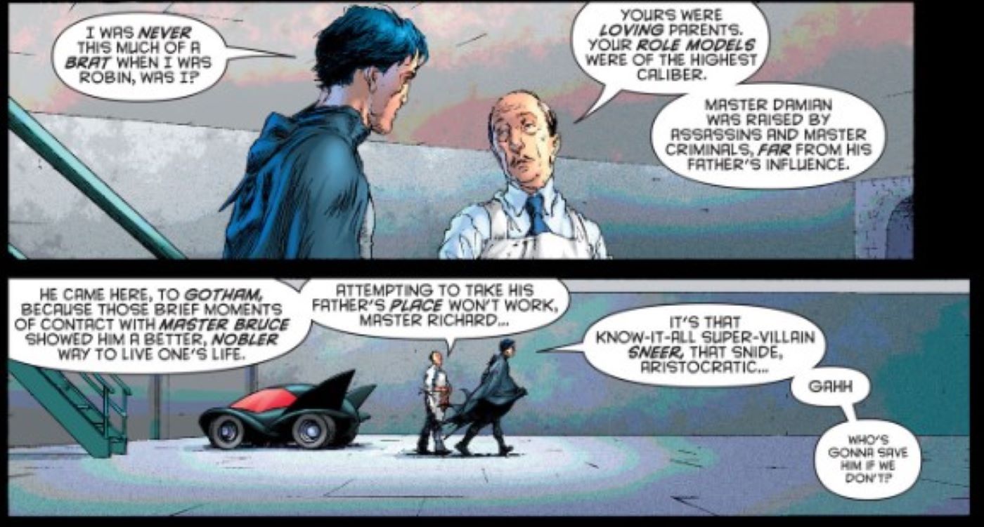 Batman e Robin #9 Dick Grayson como Batman conversando com Alfred Pennyworth sobre Damian Wayne 