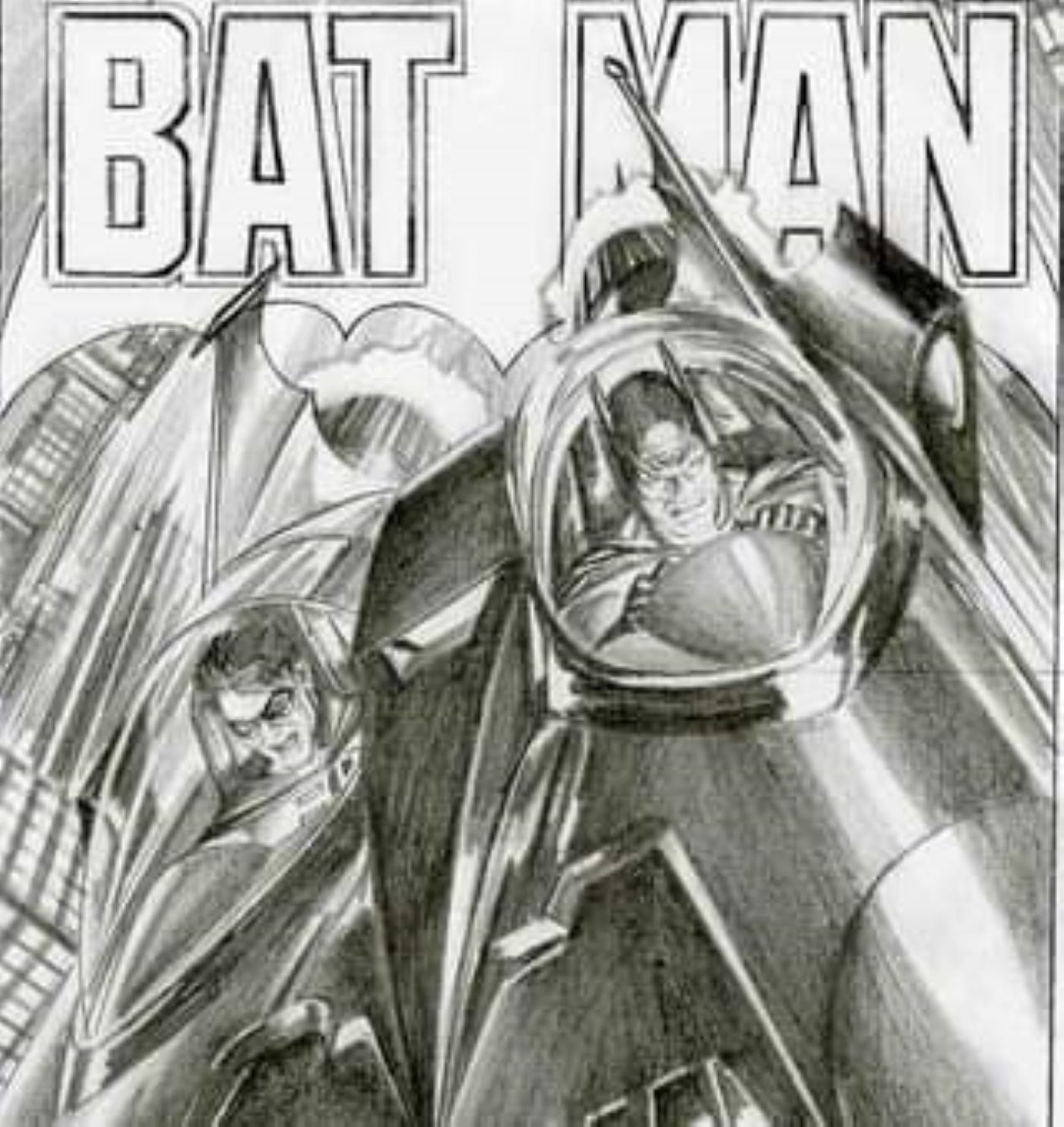 Batman and Robin in flying Batmobile by Alex Ross