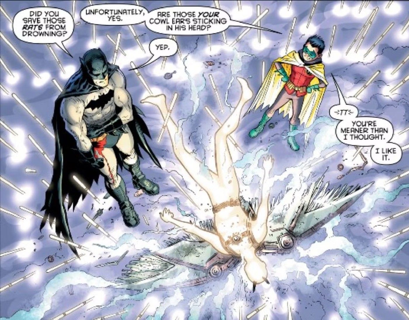 Batman e Robin ficam diante de um inimigo derrotado, enquanto Damian parabeniza Batman por ser mau