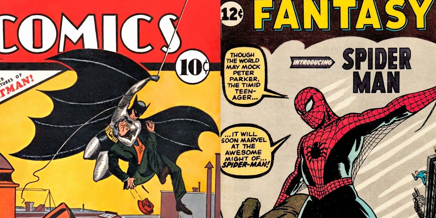 Batman and Spider-Man swinging into action while holding men on the covers of Detective Comics #27 and Amazing Fantasy #15
