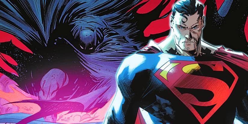 Batman swirls his cape (left) while Superman stands boldly beside him (right.)