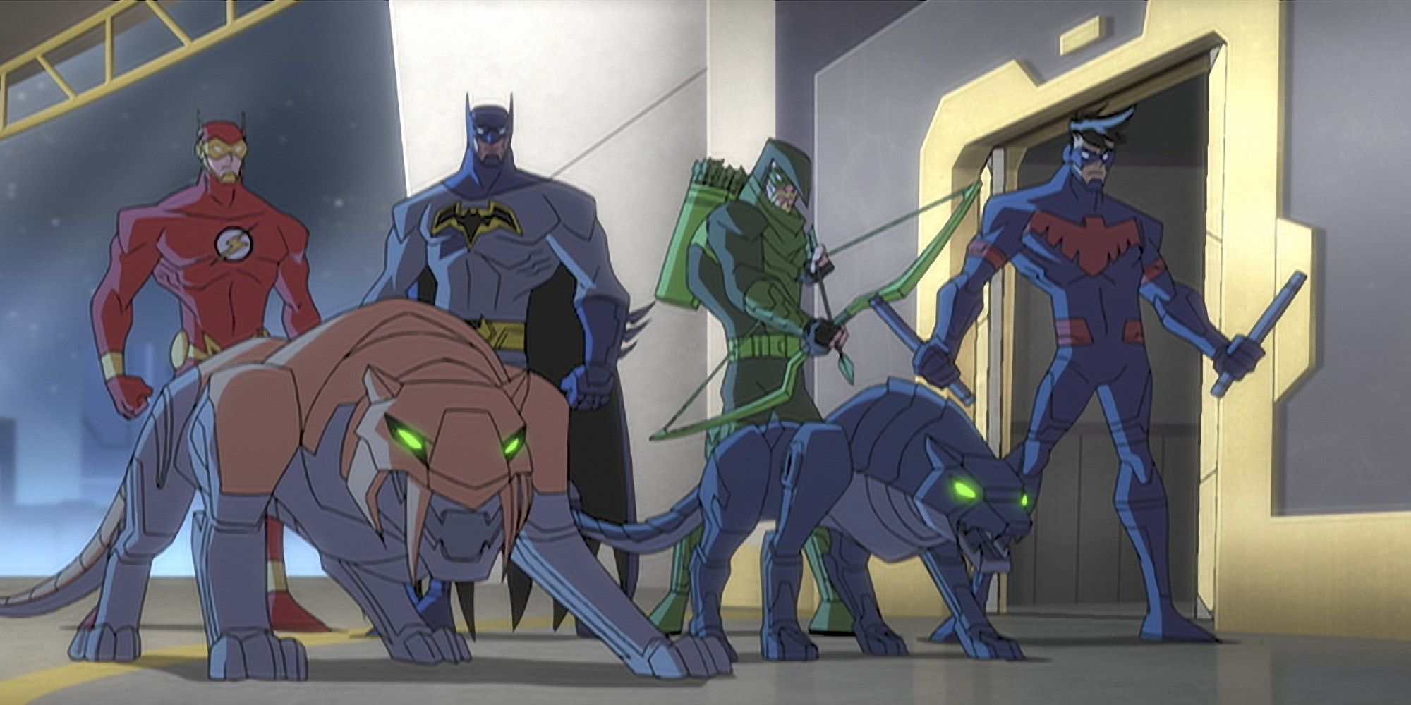 Batman animal instincts, the justice league lined up with robots