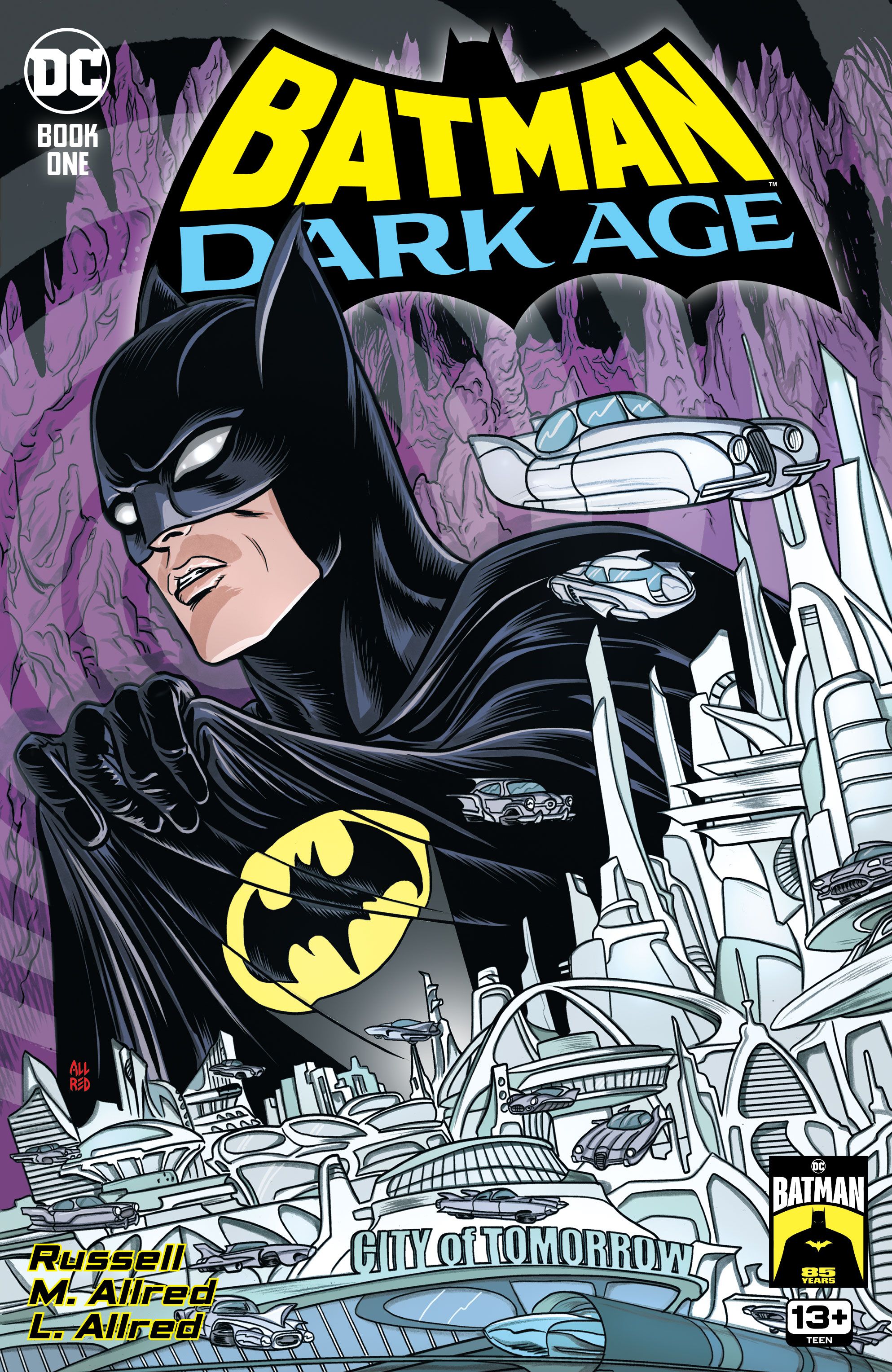 Batman Dark Age #1 cover, Batman looming behind a futuristic model of Gotham.