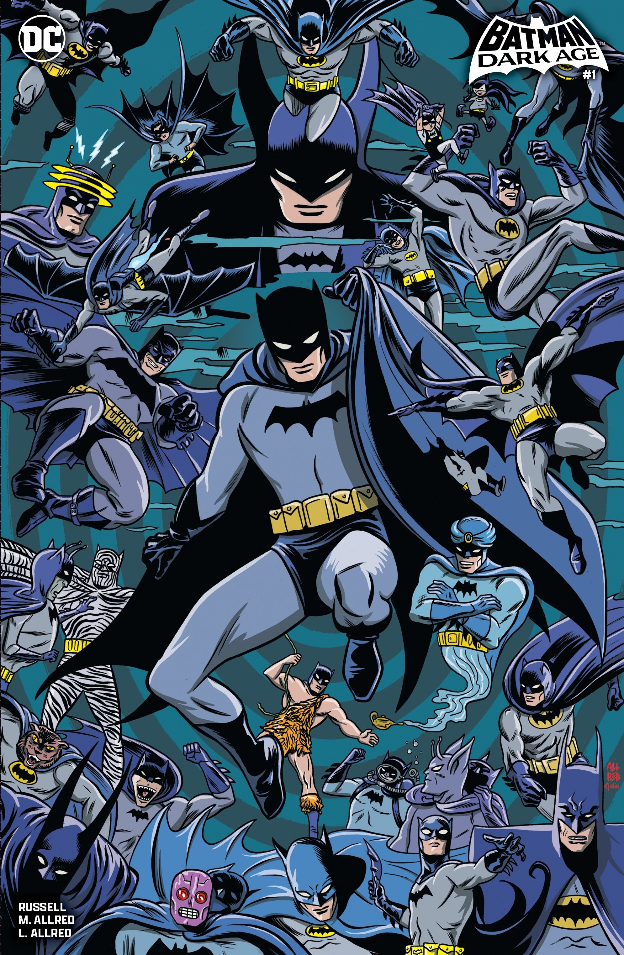 Capa variante Allred do Batman Dark Age 1: uma multidão de Batman em diferentes trajes de diferentes épocas e histórias.