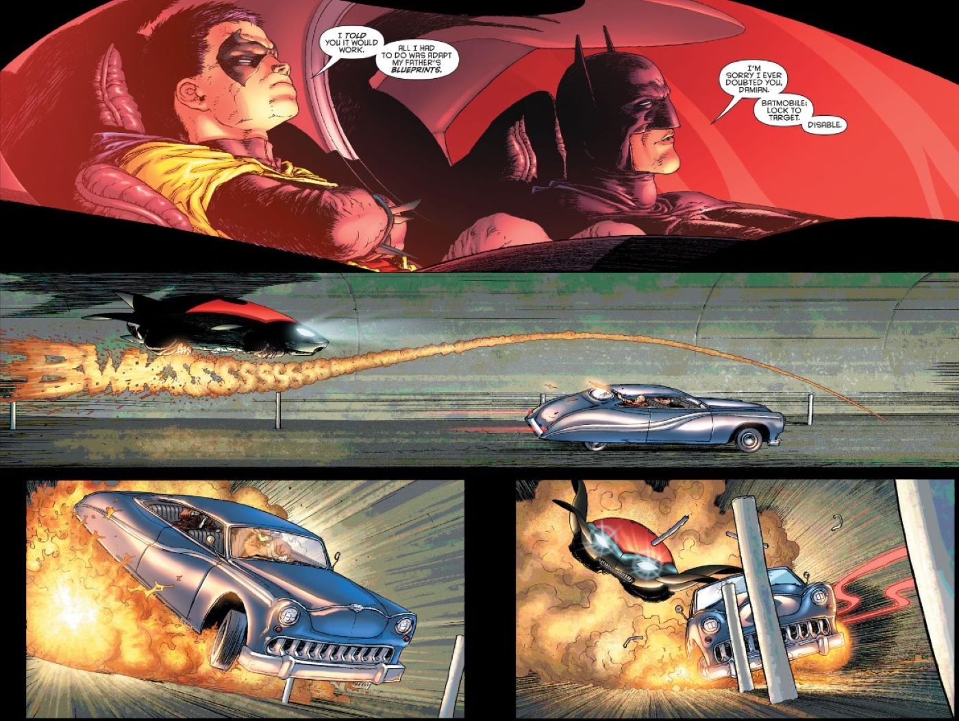 Batman Dick Grayson and Robin Damian Wayne in flying Batmobile from Batman & Robin Batman Reborn #1