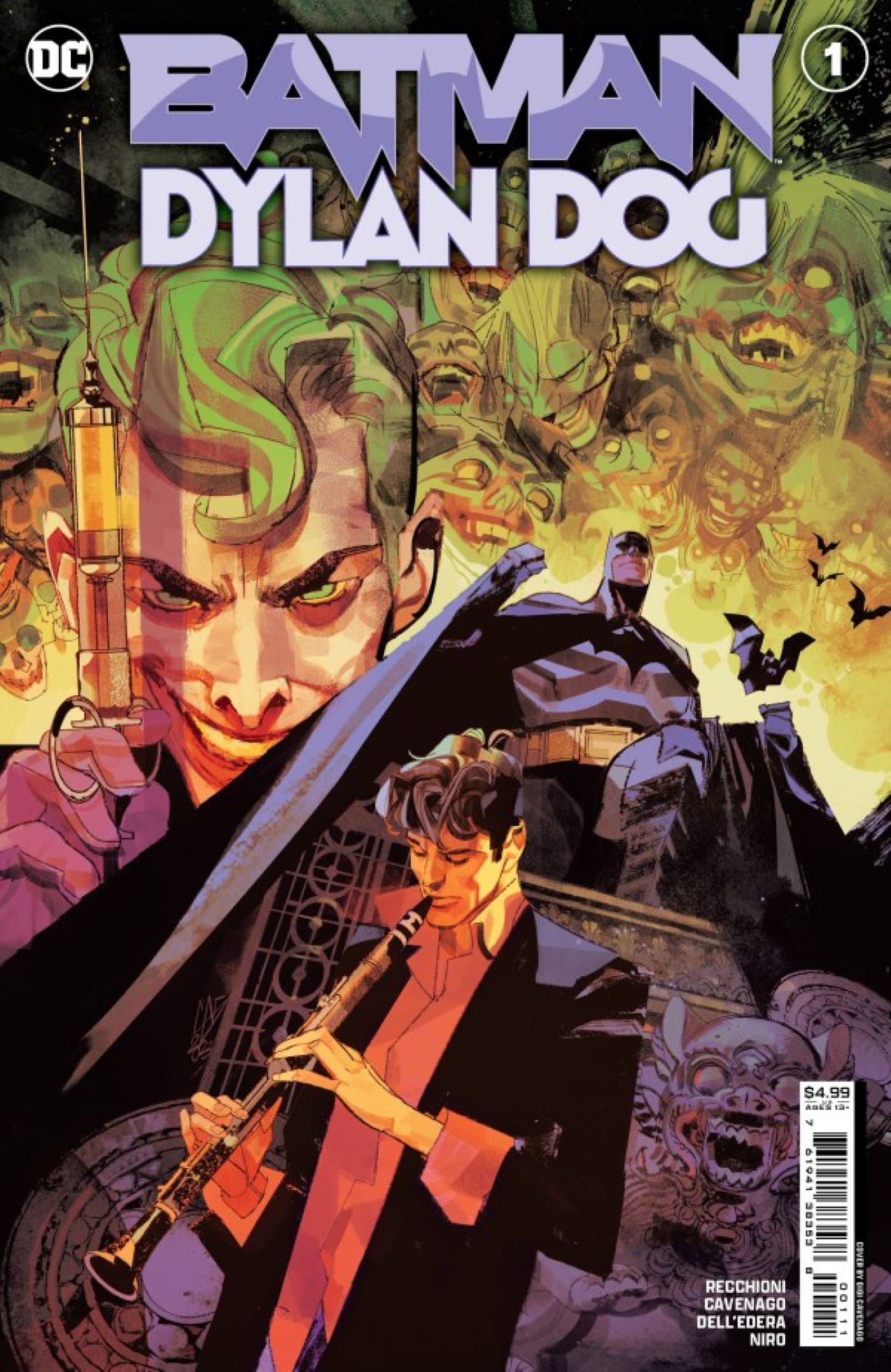 Batman Dylan Dog #1 cover featuring Dylan playing his clarinet, Batman face, and Joker with a syringe