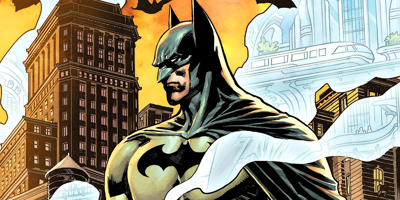 Comic book art: Batman in front of a Gotham skyline.