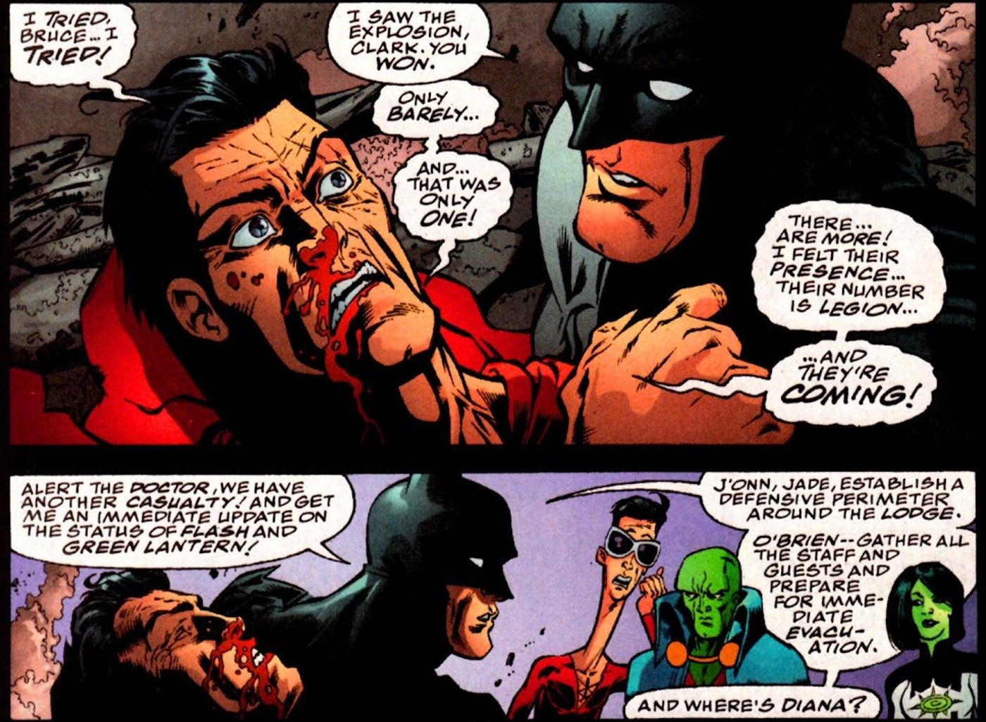 Comic book panels: Batman Helps an Injured Superman