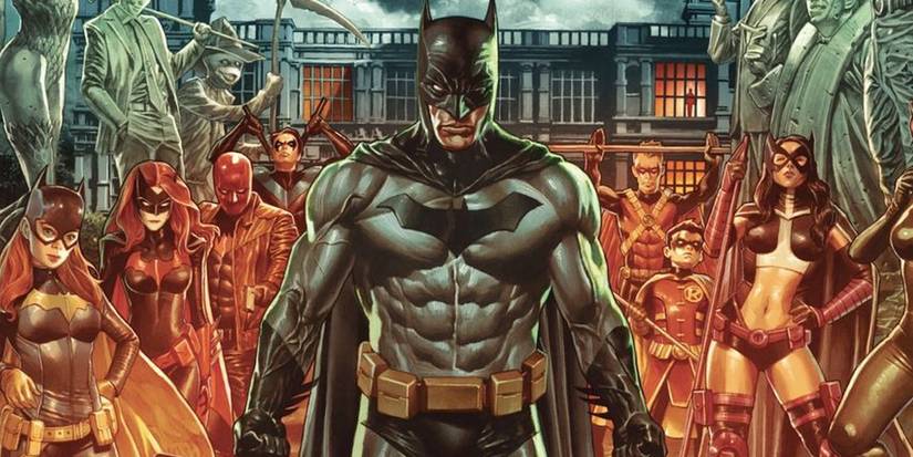 Comic book art: Batman in front of Wayne Manor with the Bat Family and statues of his villains.