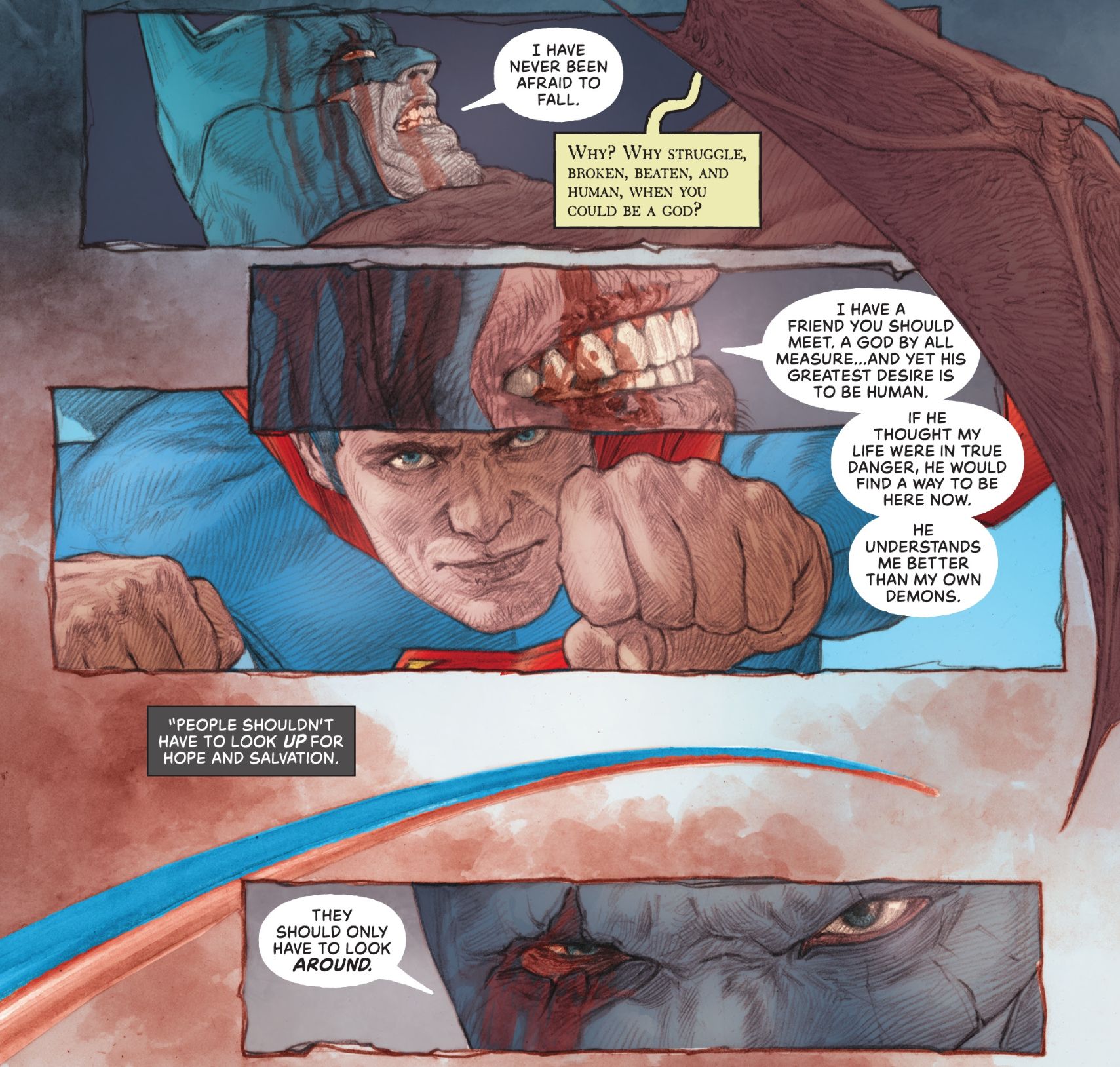 Painéis de quadrinhos: Barbatos questiona Batman sobre por que ele luta para manter sua humanidade;  Batman cita seu relacionamento com Superman.