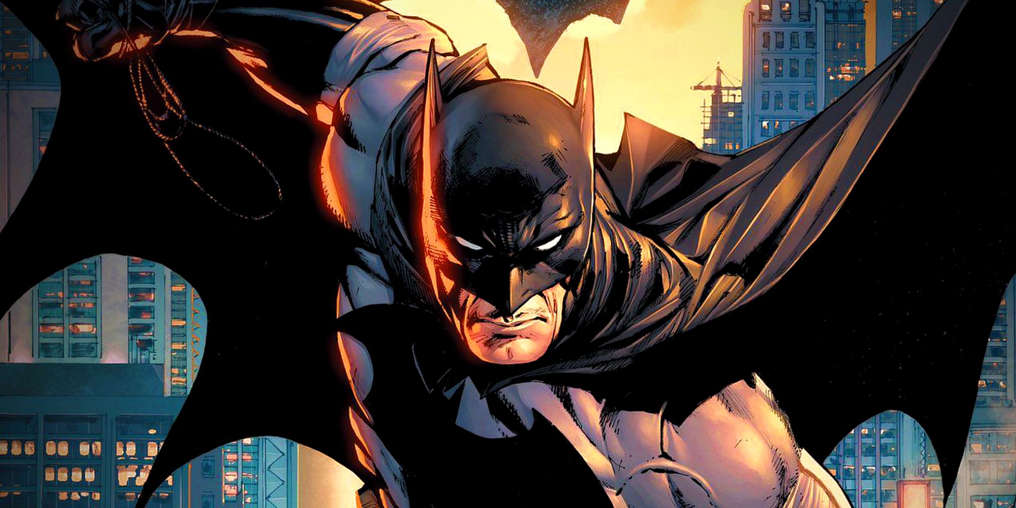 Batman standing resolutely against a Gotham City backdrop