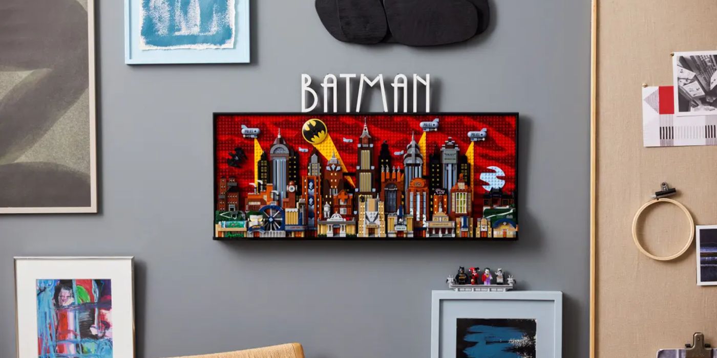 Batman TAS LEGO Gotham City hung up on a wall - Instead of a traditional LEGO set, this version of Gotham City offers a wide shot of the city in the style of Batman: The Animated Series