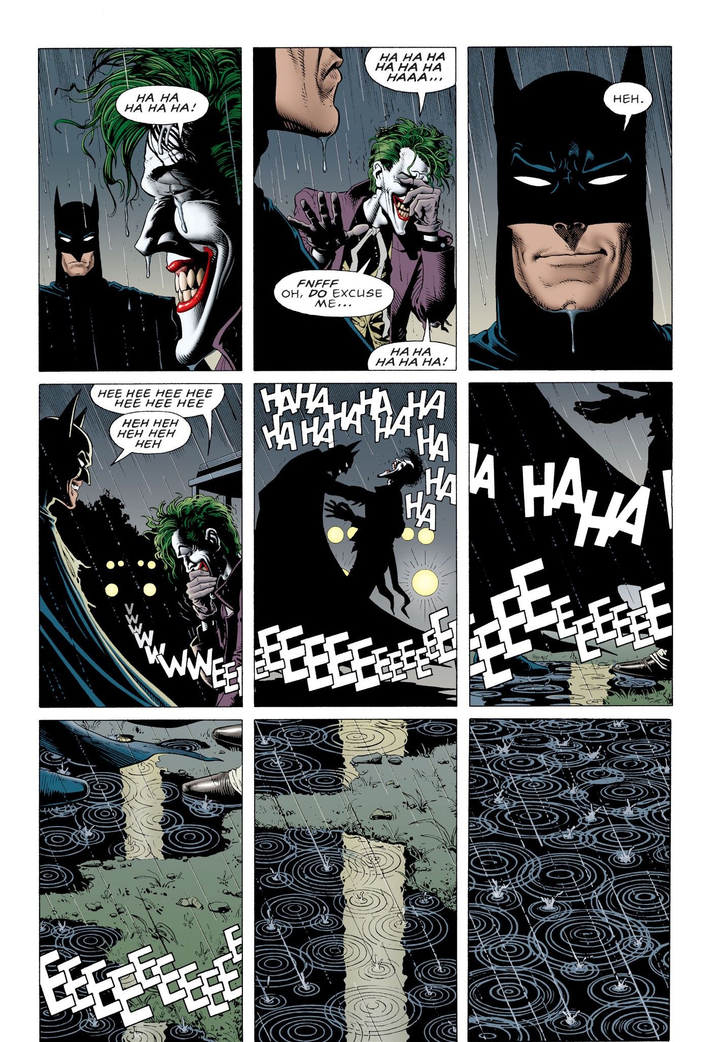 Nove painéis de A Piada Mortal, com Batman e o Coringa rindo.