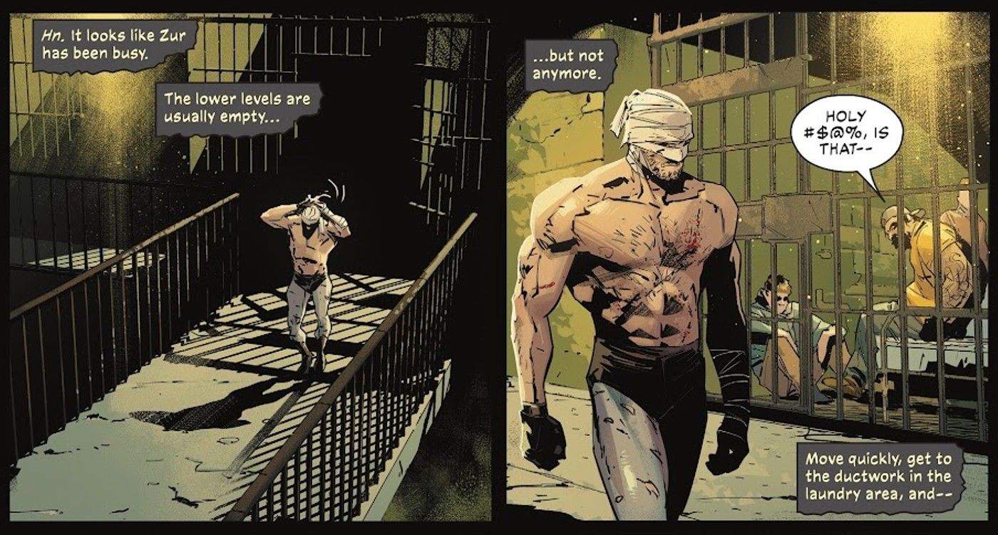 Comic book panels: Batman walks through Blackgate prison.
