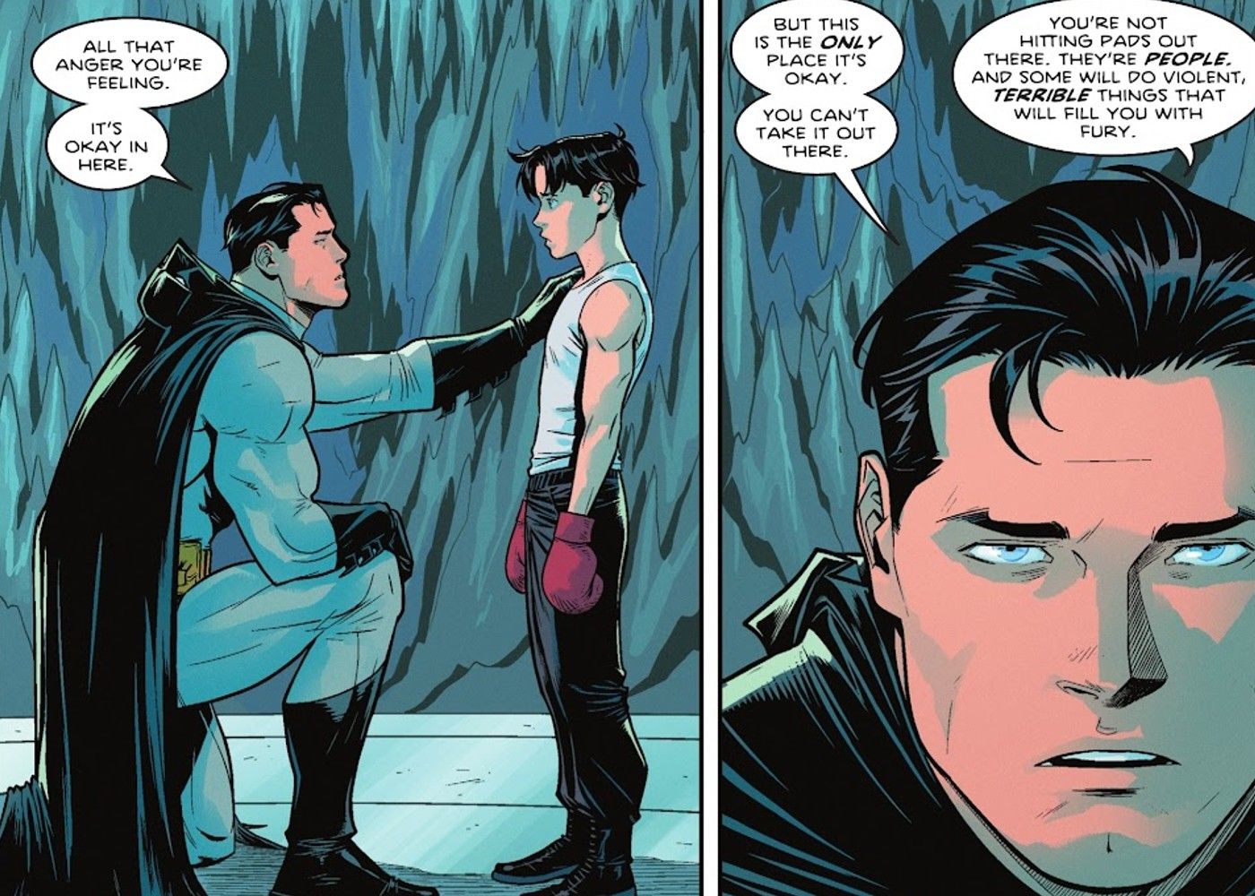 Comic book panels: Batman kneels down to speak to a young Dick Grayson.