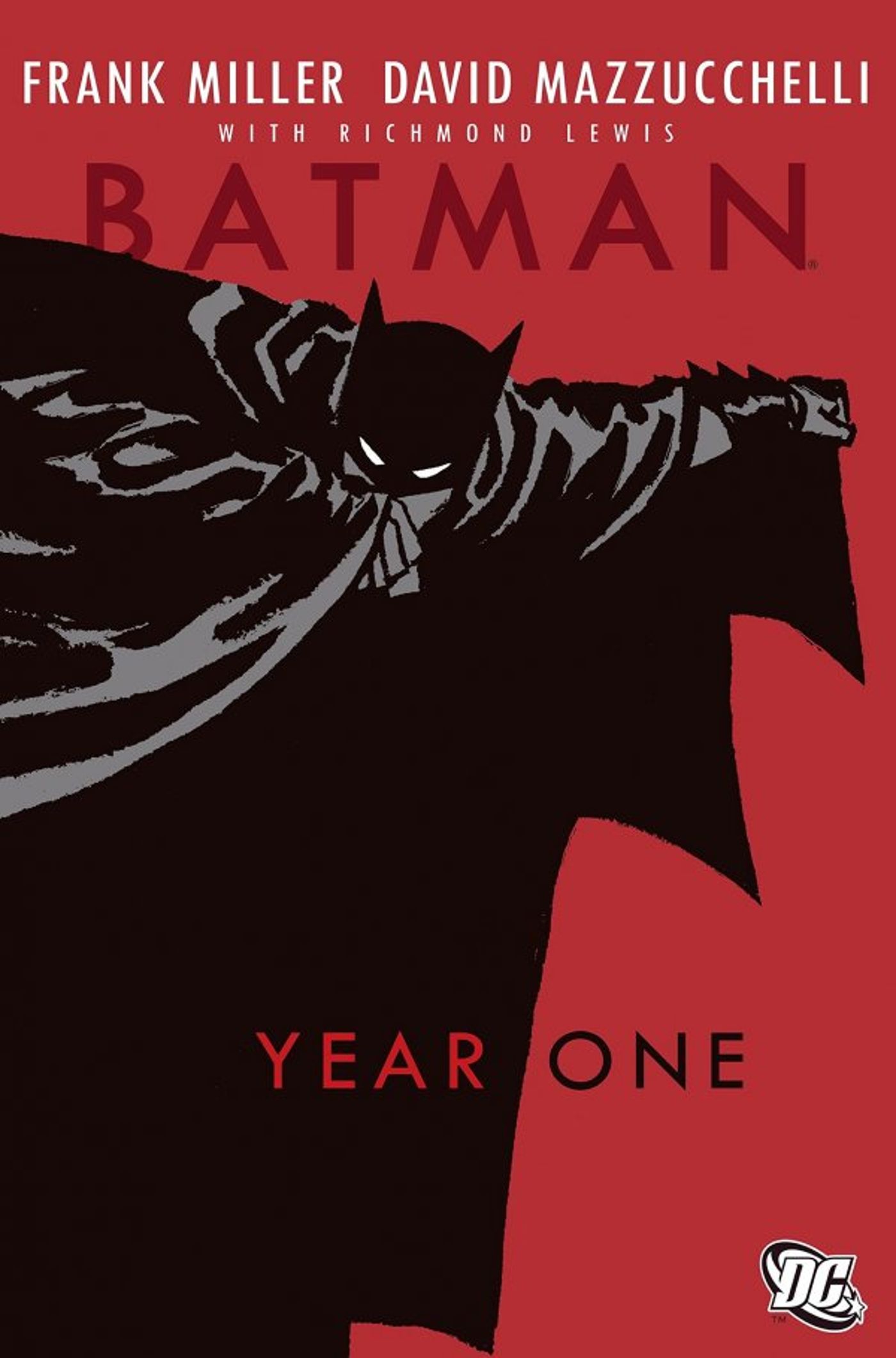 Capa do Batman Year One, apresentando a silhueta do Batman contra um fundo vermelho