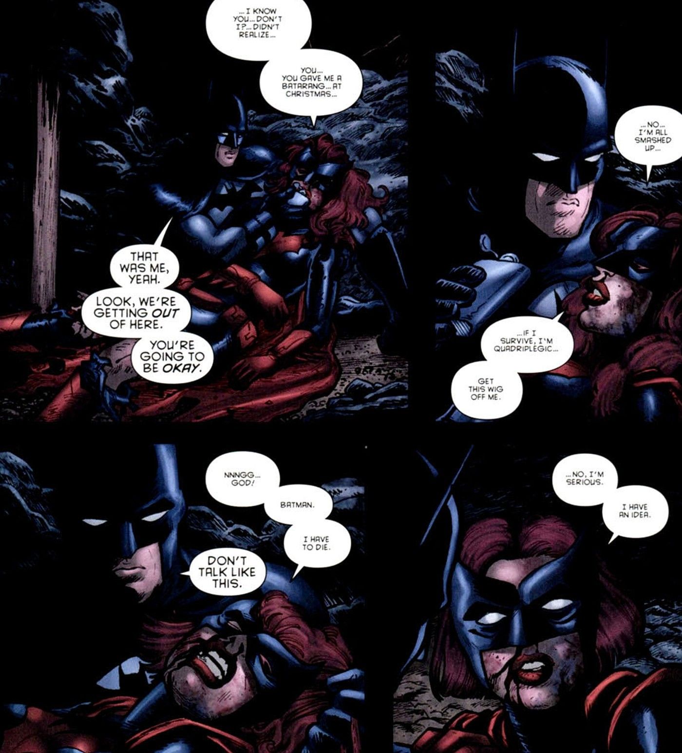 Batwoman gravemente ferida e morrendo discute seus ferimentos com Batman