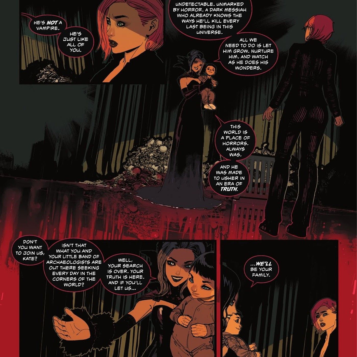 Comic book panels: Nocturna presents her baby to Batwoman.