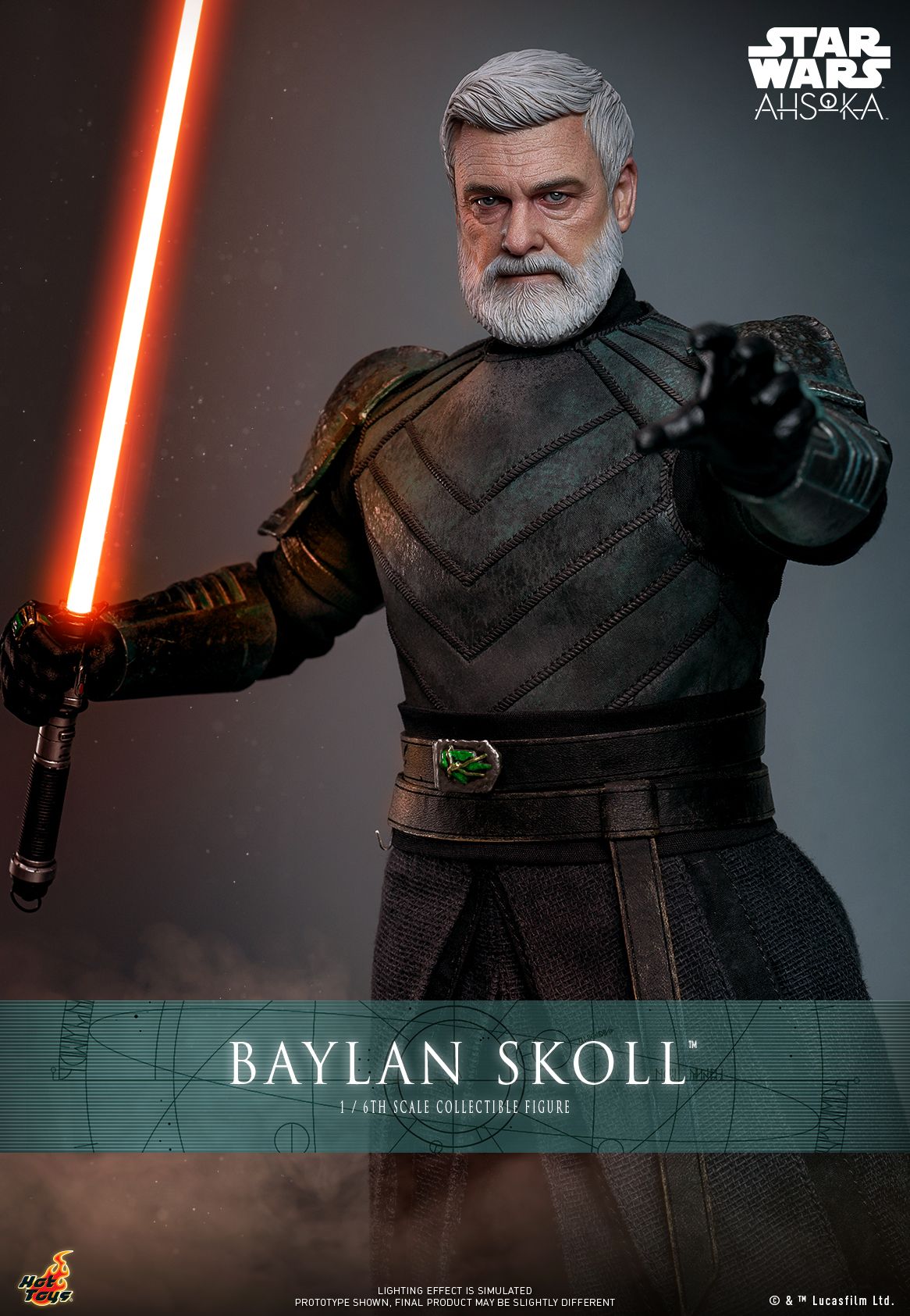 The Hot Toys Baylan Skoll action figure, holding a lightsaber in one hand and reaching out with the other -