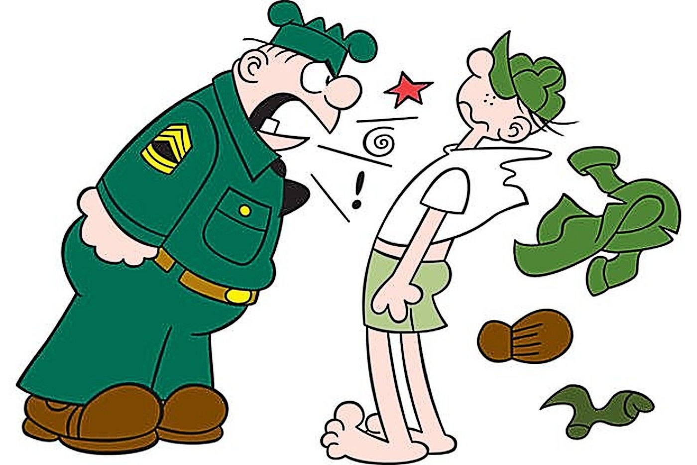 Beetle Bailey getting yelled at by Sarge, whose shouting blows Beetle's clothes off his body