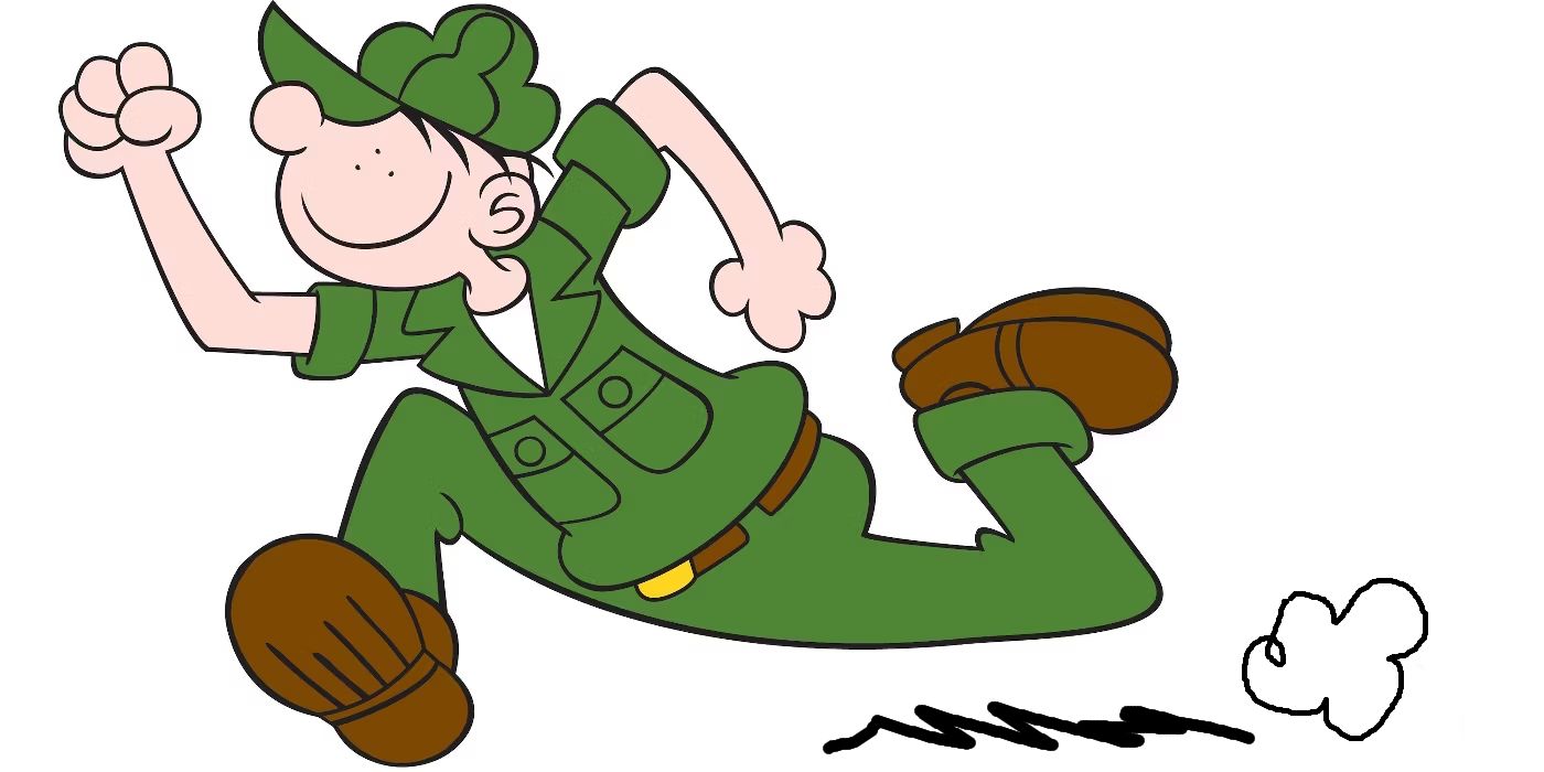 Beetle Bailey correndo, com um sorriso bobo no rosto