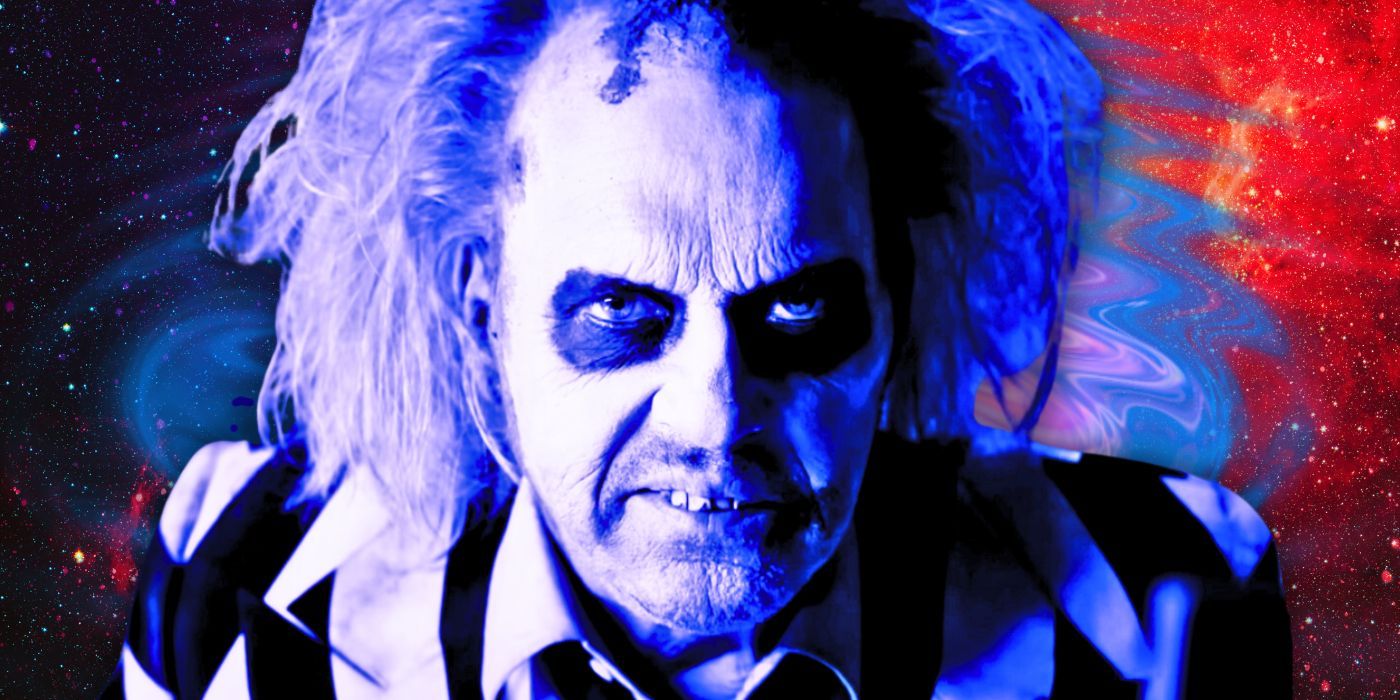 Michael Keaton as Beetlejuice in Beetlejuice 2 with a red and blue background