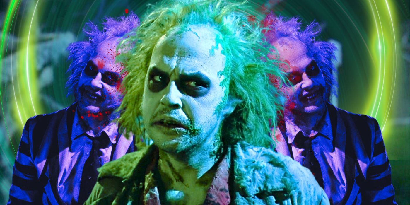 Michael Keaton as Beetlejuice with a halo background