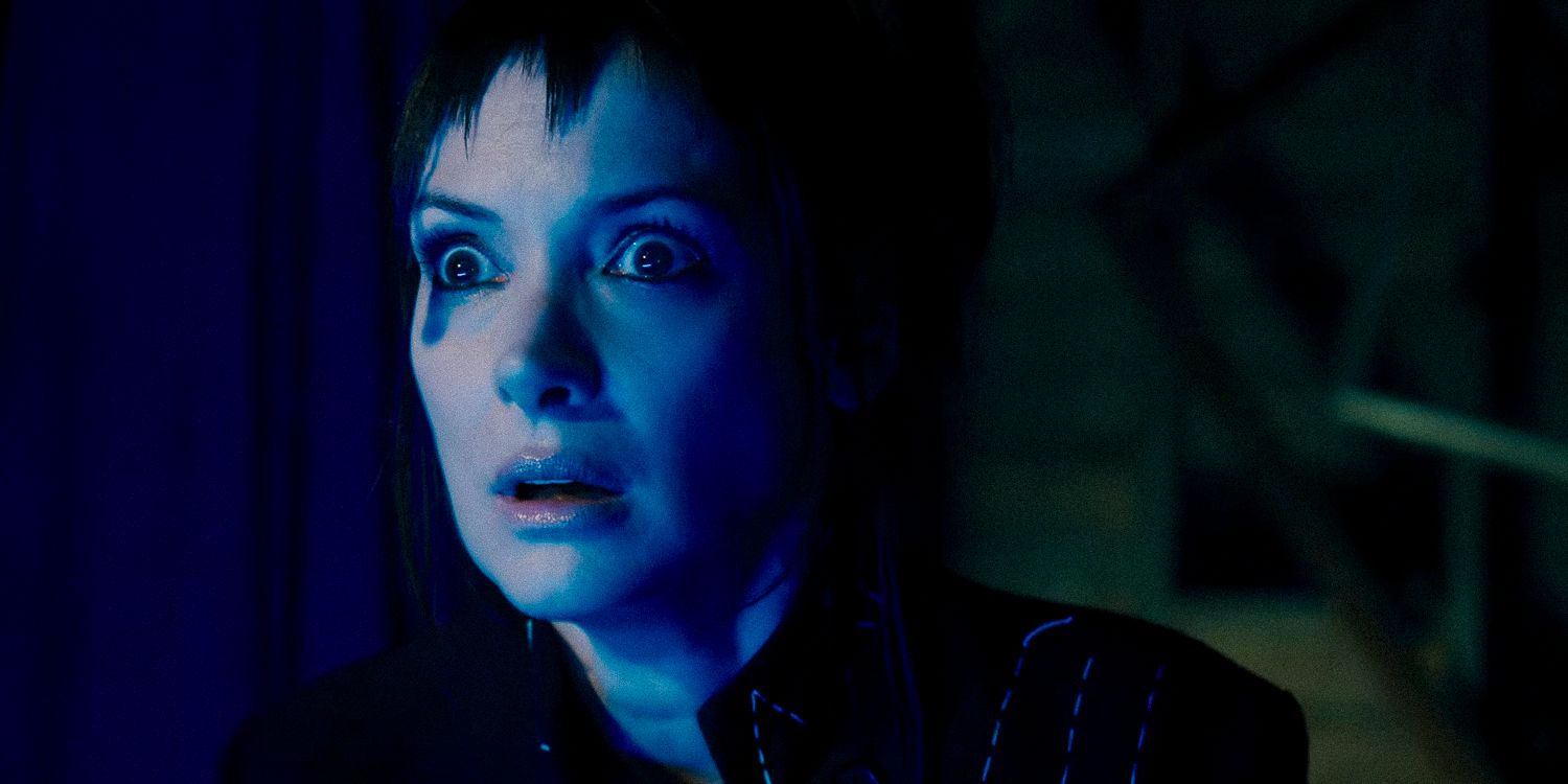 Close up of Winona Ryder as Lydia Deetz looking surprised in Beetlejuice 2