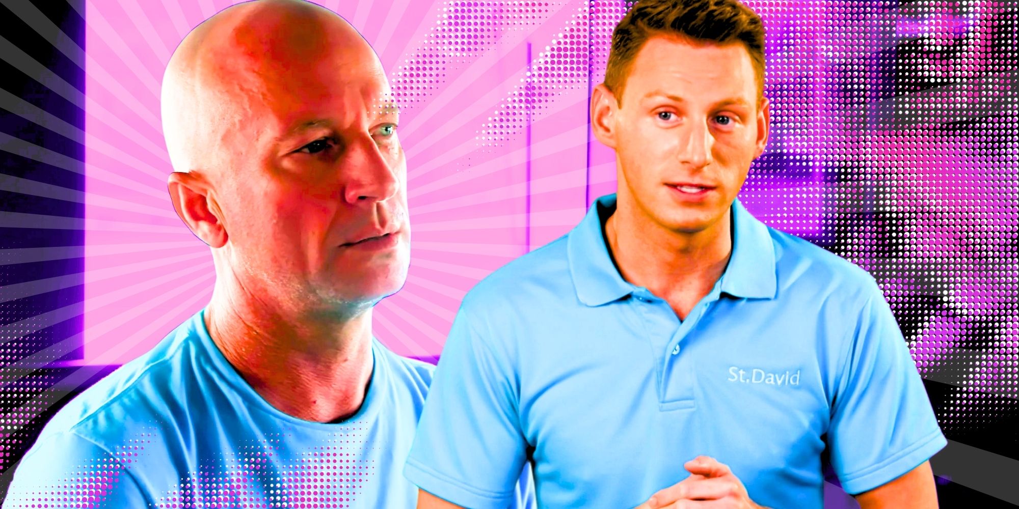 Below Deck’s Captain Kerry & Fraser Olender look serious with lavender-colored background.