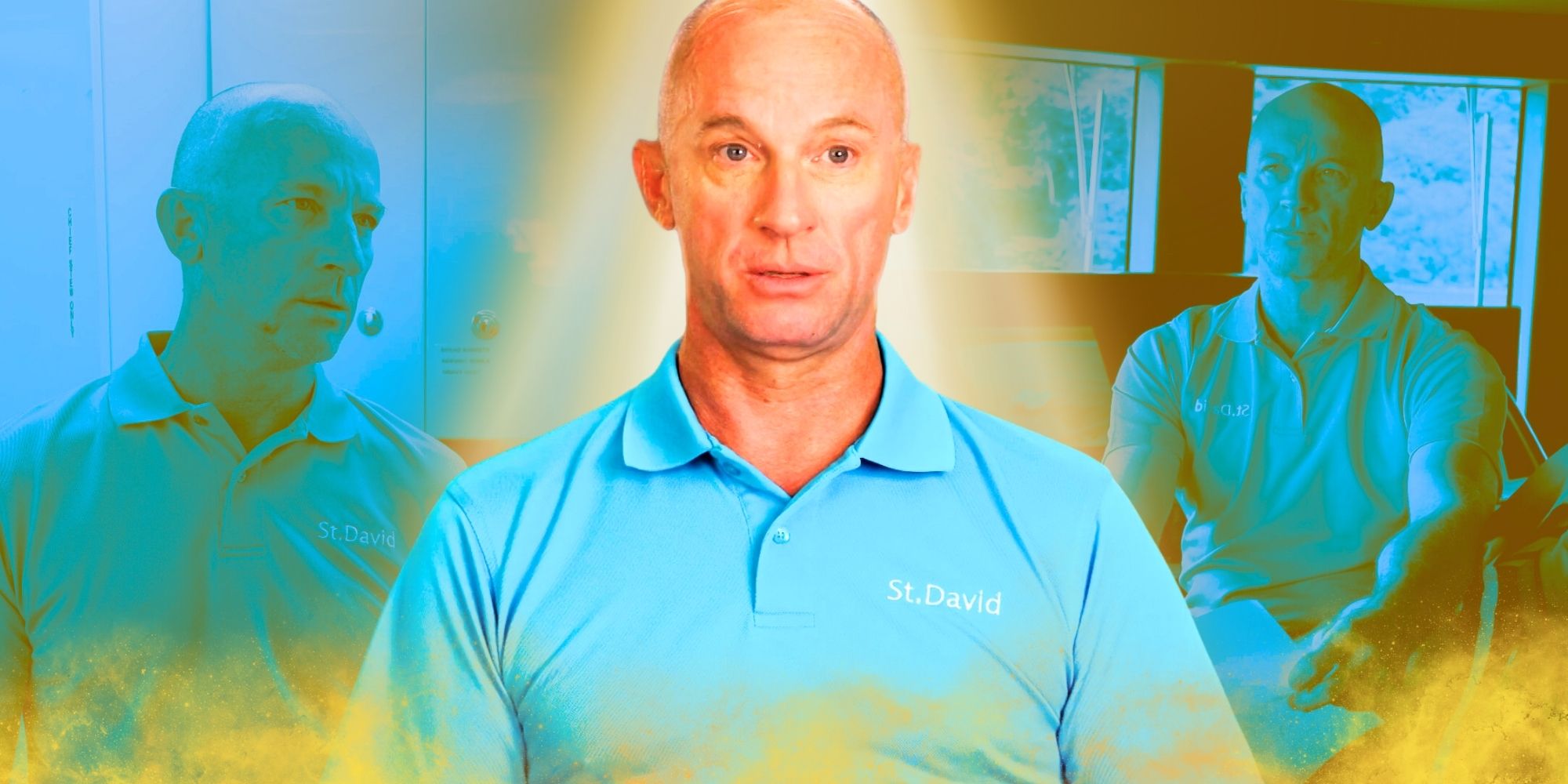 Montage of Below Deck’s Captain Kerry Titheradge in blue looking serious with blue filtered background