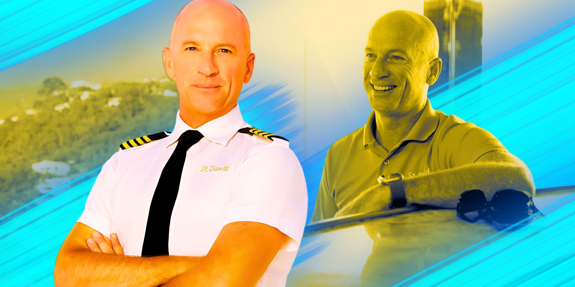 captain kerry from below deck season 11 with yellow filtered and teal stripe background