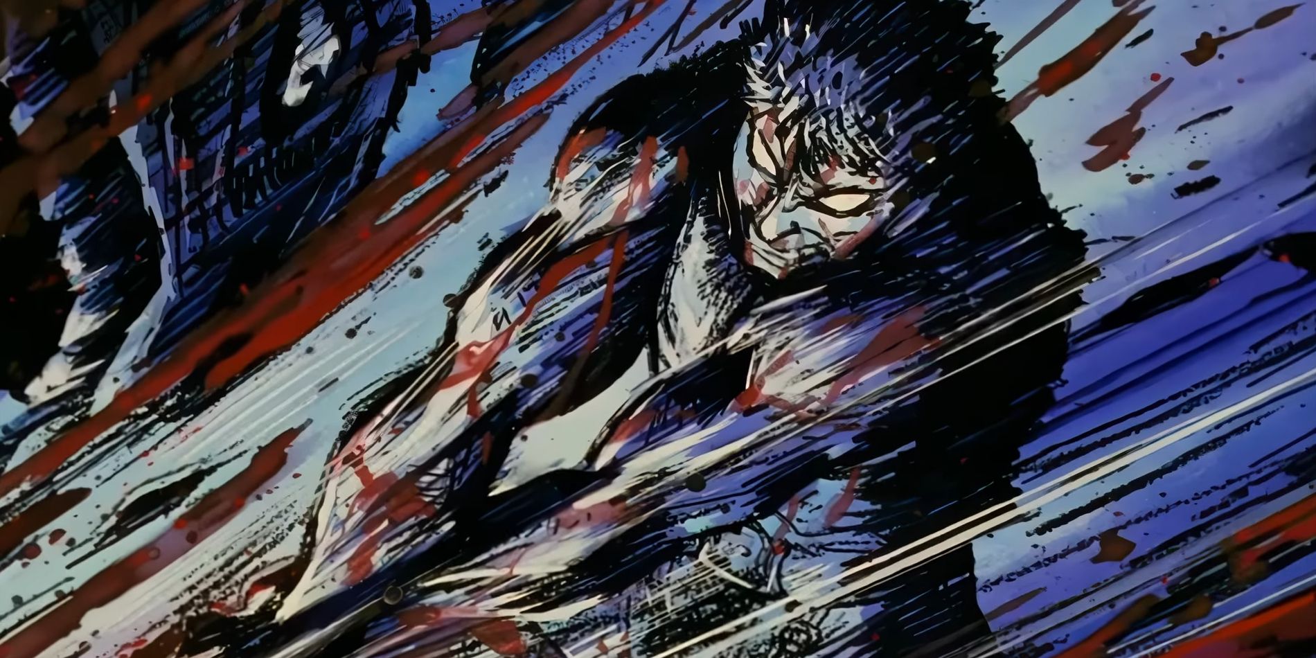 Screenshot from Berserk 1997 anime shows Guts fighting demons during the Eclipse Fight. His eyes are white in the image that's drawn in thick lines and shading, while he's colored with blue, black, and white, and red from blood in the air.