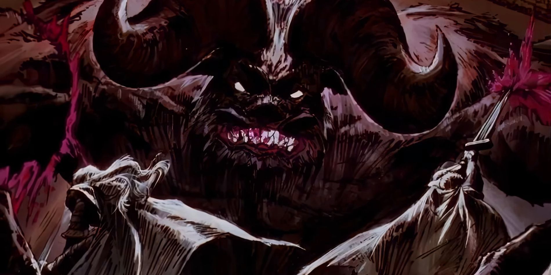 Screenshot from Berserk 1997 anime shows Guts and Griffith fighting Zod in his Final form. Image in drawn with incredible shading and highly stylised silouttes of Guts and Griffith landing strong attacks on eat of Zod's arms which his giant horns and share teeth approach them.