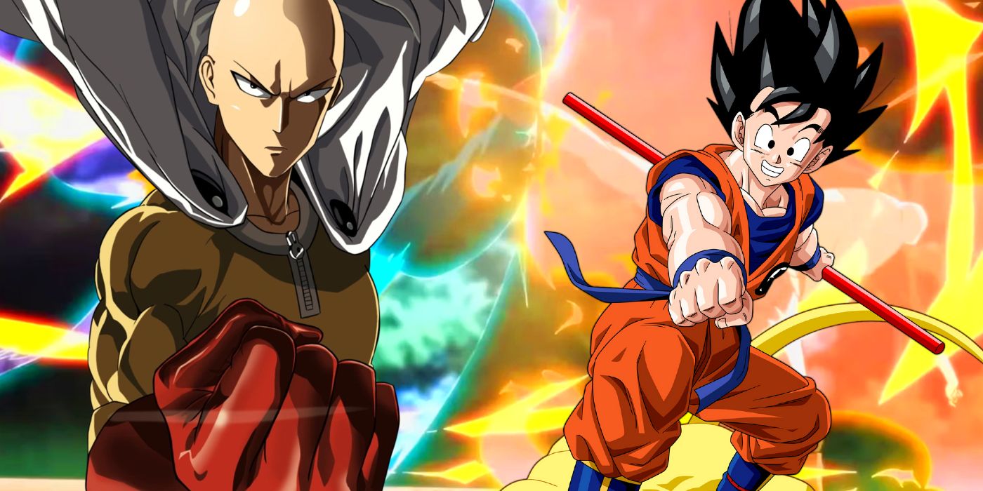 Goku de Dragon Ball e Saitama de One-Punch Man em frente a uma cena de luta de God of High School