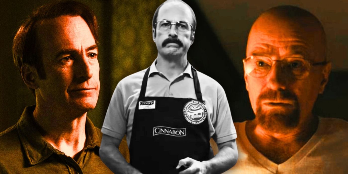A collage image of Jimmy McGill and Walter White in Better Call Saul, separated by Jimmy working as Gene in the Better Call Saul Cinnabon scenes.