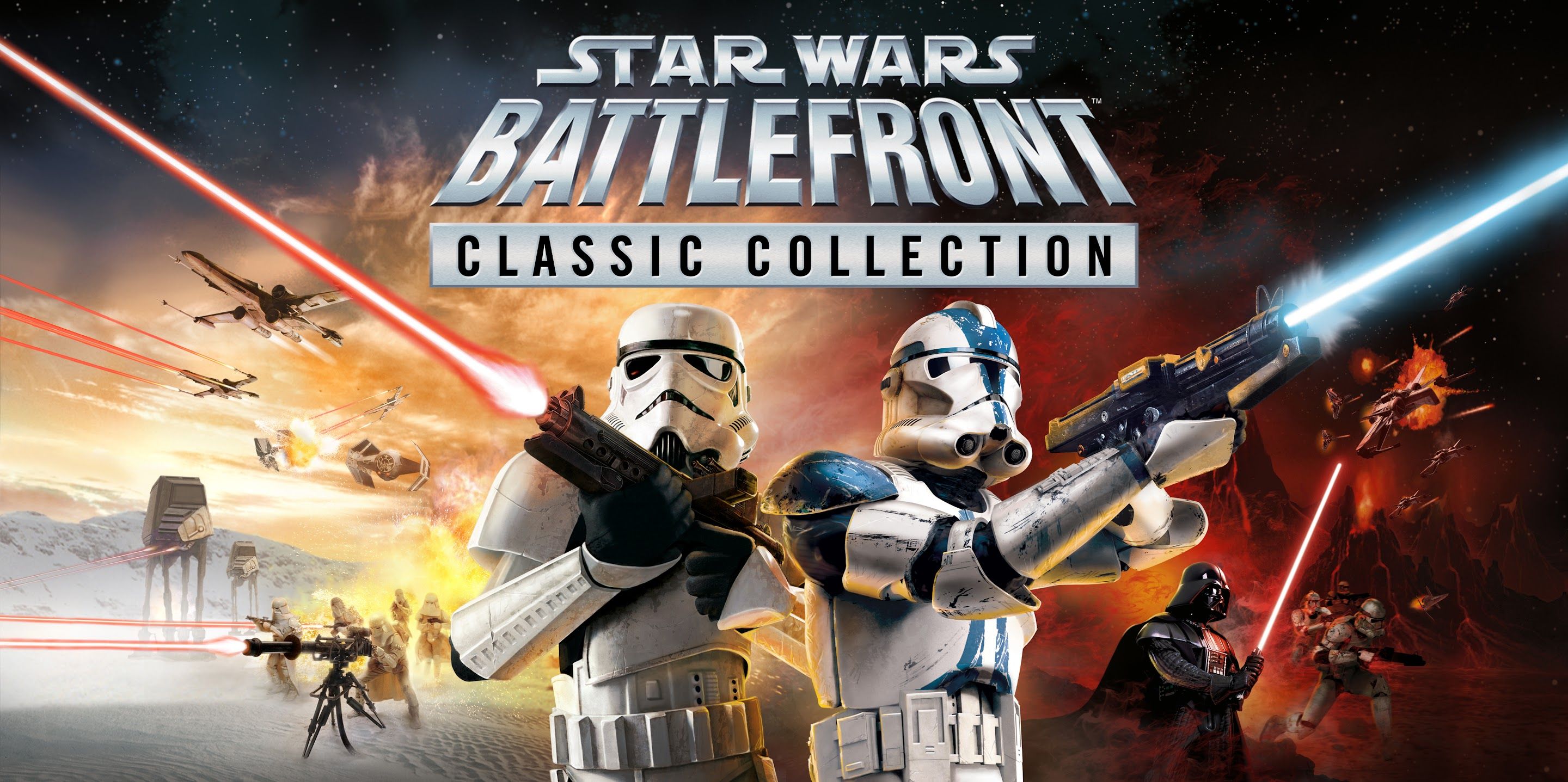 Stormtrooper and Clone Trooper from the covers of Star Wars Battlefront I and II, back to back, in front of the Star Wars Battlefront Classic Collection title
