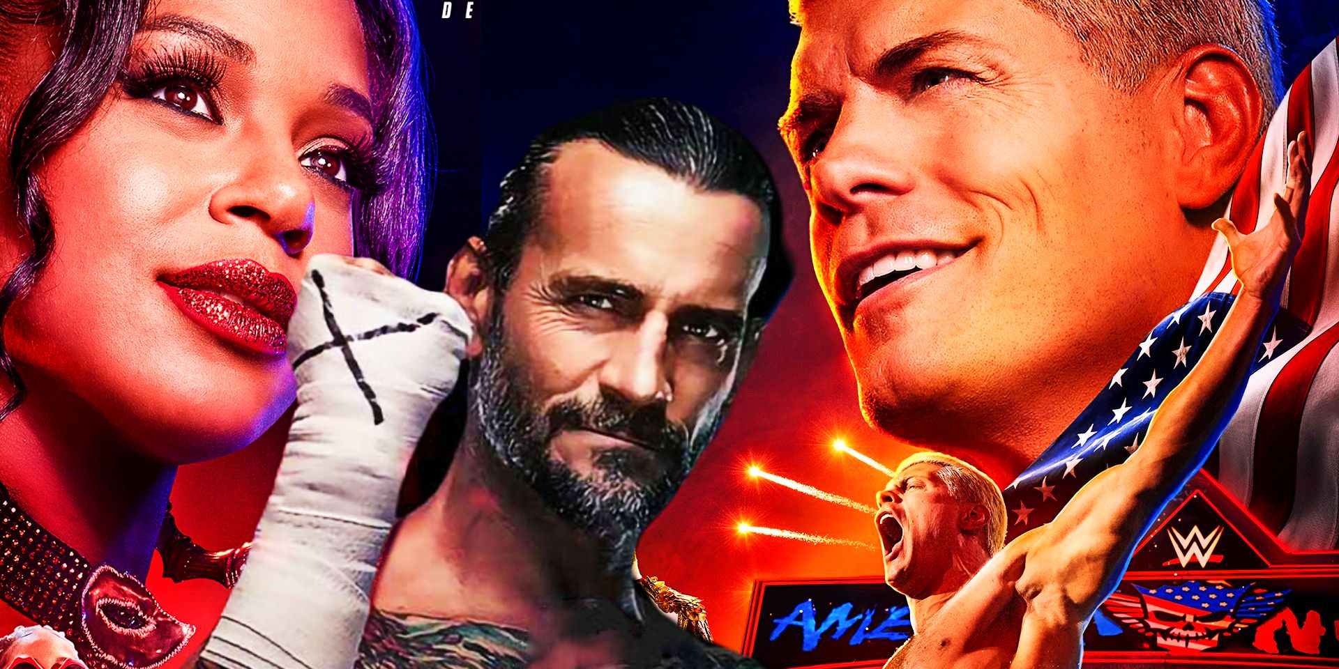 Bianca Belair, CM Punk, and Cody Rhodes as they appear in cover art and promos for WWE 2K24.