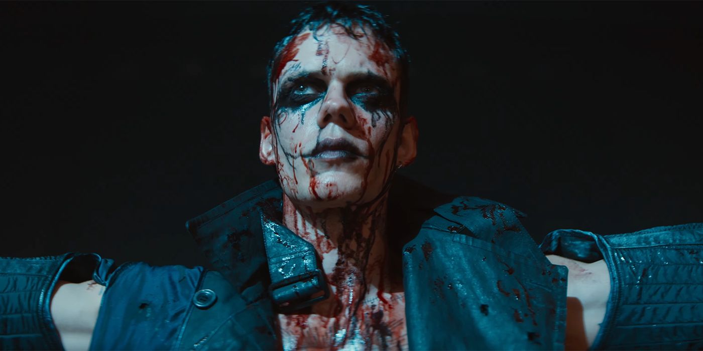 Bill Skarsgård as Eric looking bloodied on stage in The Crow