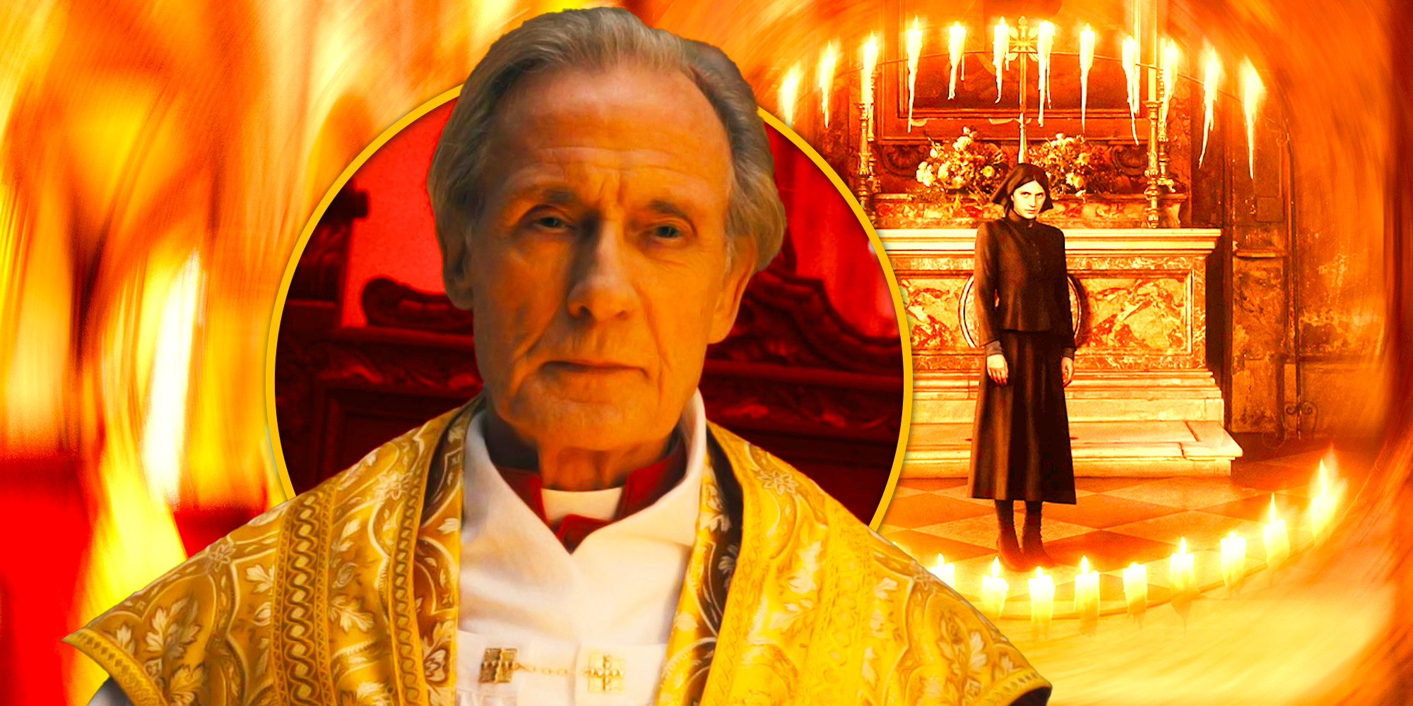 Bill Nighy in priest garb & Nell Tiger Free in nun outfit for The First Omen